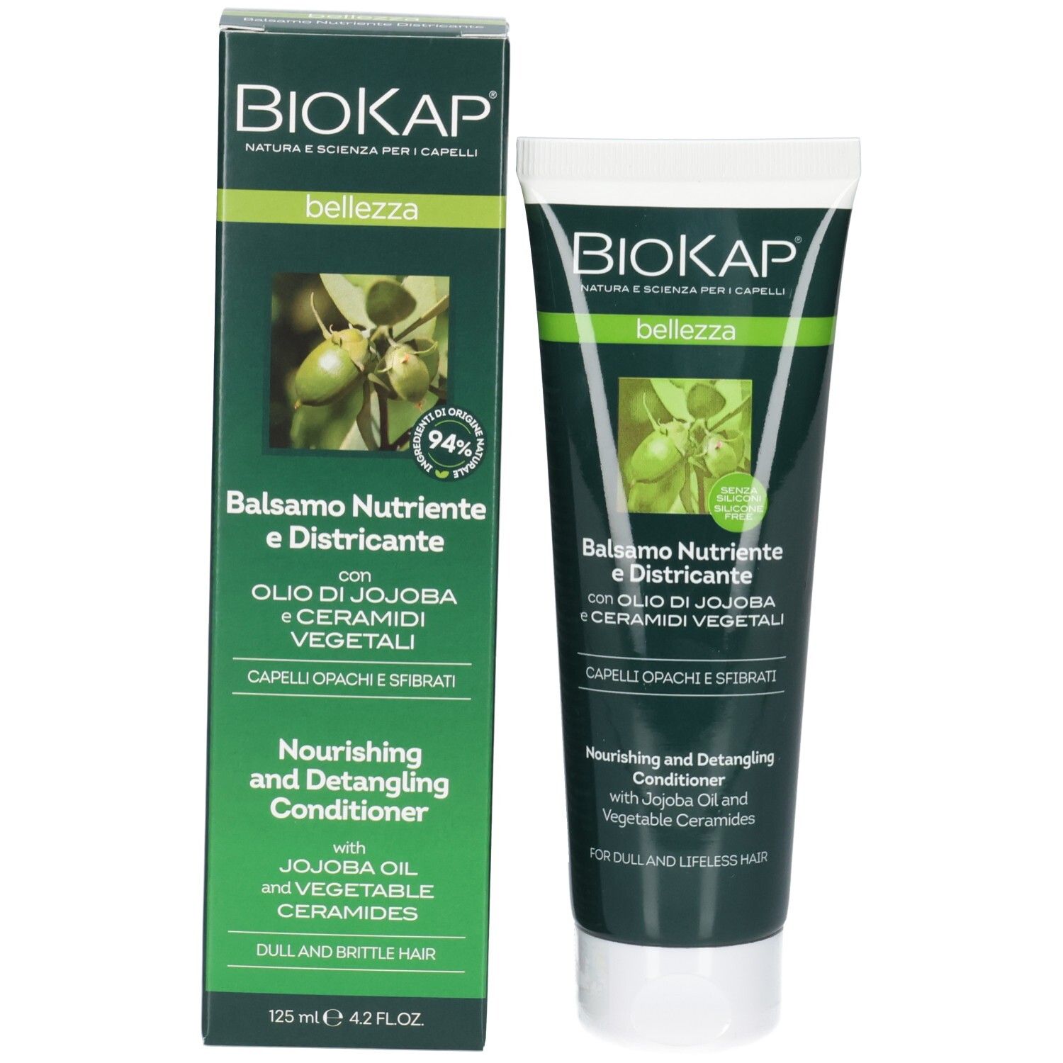 Emballage du produit avec tube et boîte. Boîte avec BIOKAP, bellezza, Balsamo Nutriente e Districante. Contient de l'huile de jojoba et des céramides.