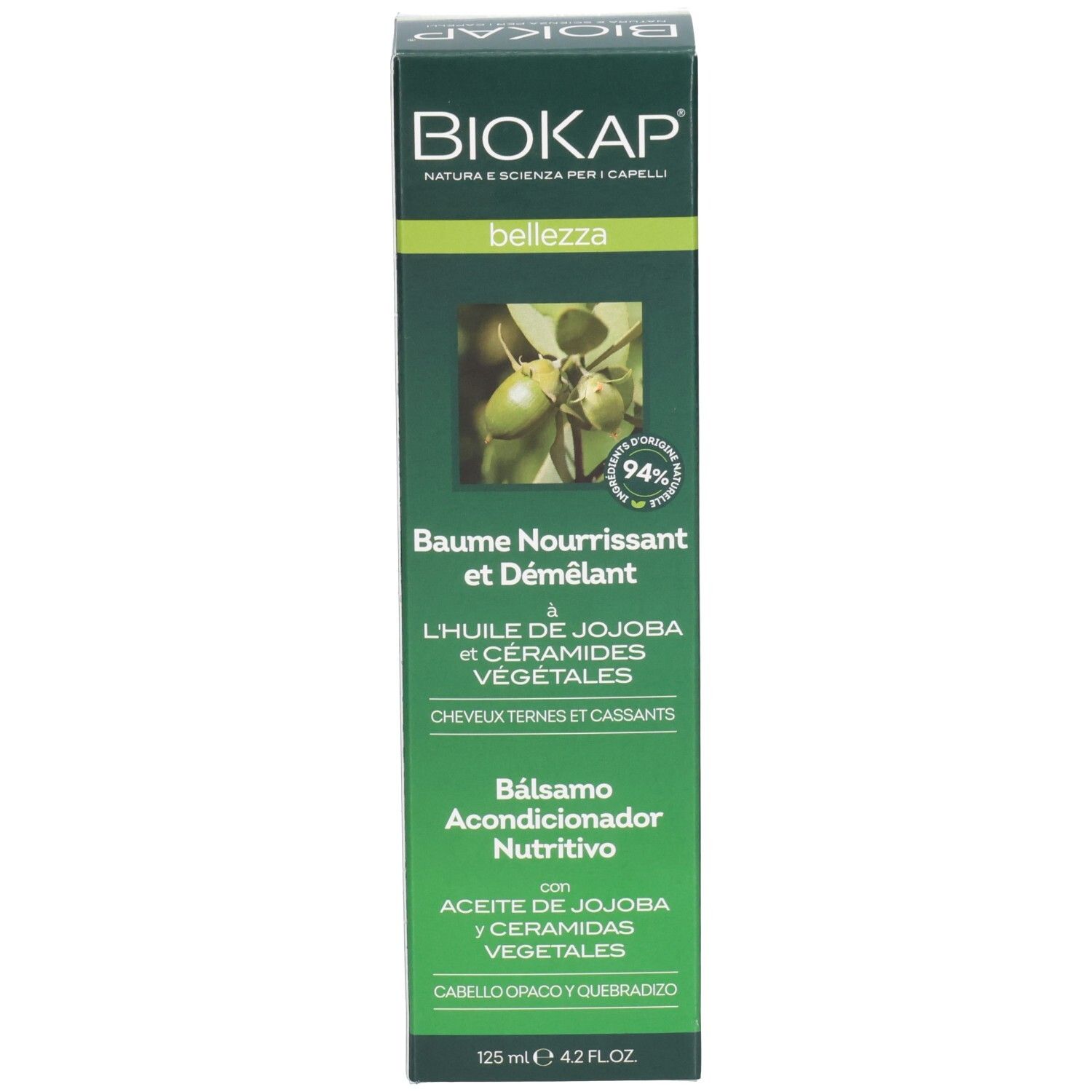 Boîte verte avec BIOKAP, Baume Nourrissant et Démêlant. Contient de l'huile de jojoba et des céramides végétales. Pour cheveux secs.