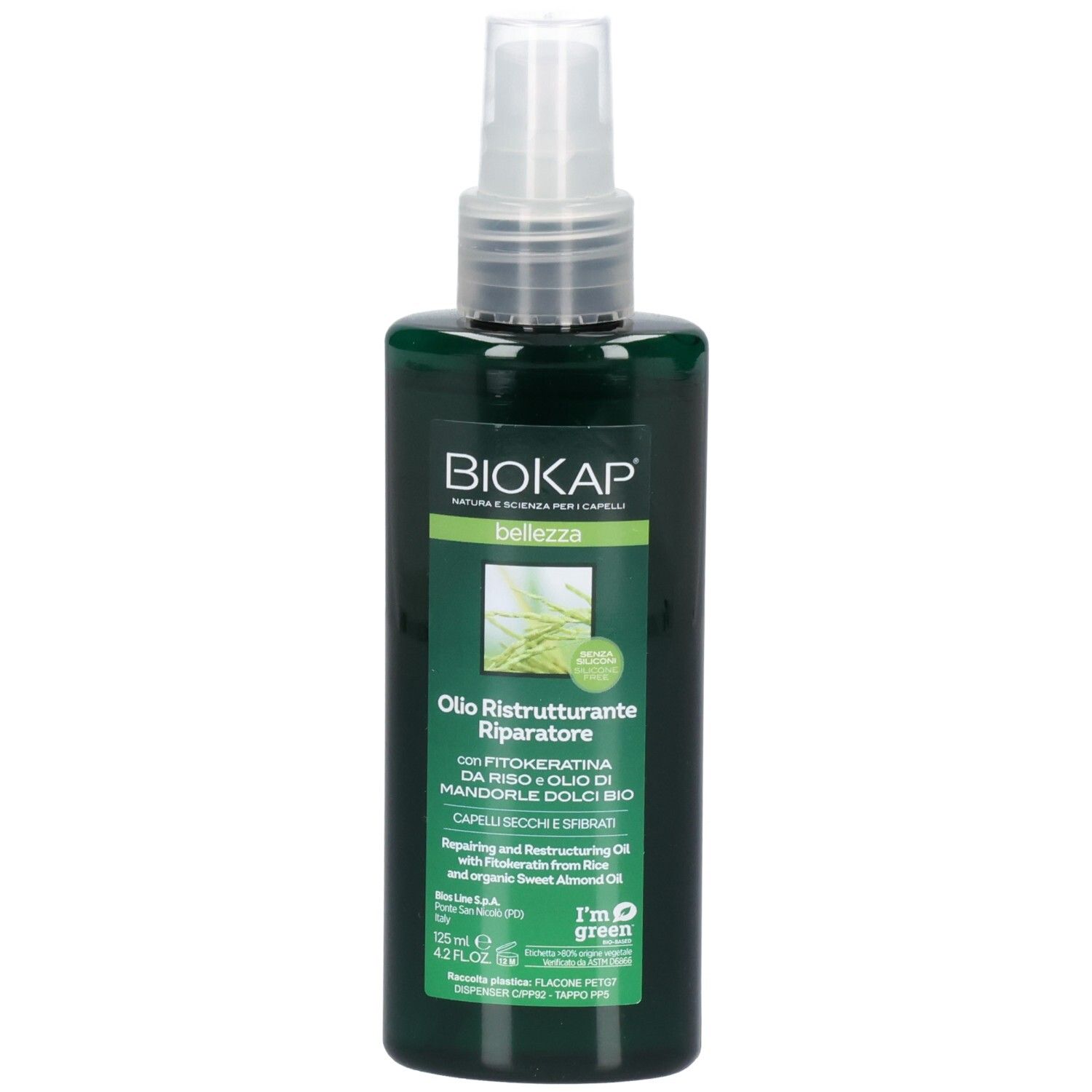 Flacon vert avec vaporisateur. Inscription : BIOKAP, Bellezza. Étiquette avec informations produit et accents verts.