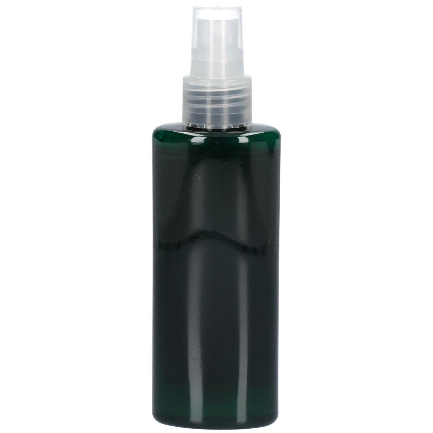 Flacon cylindrique vert avec vaporisateur. Aucune étiquette ni inscription visible.