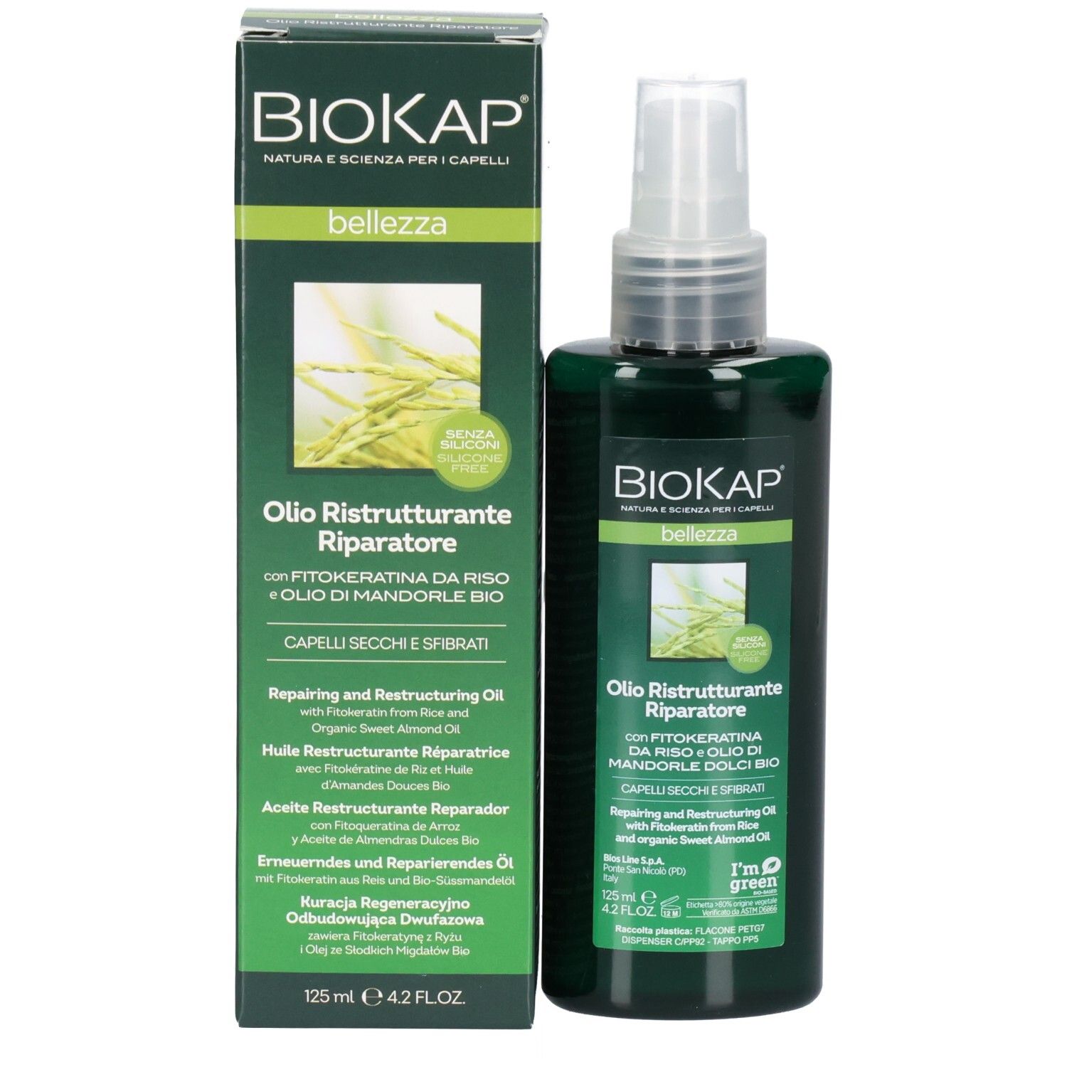 Flacon et emballage du produit. Flacon vert avec vaporisateur à côté d'une boîte verte. BIOKAP, Bellezza visible.