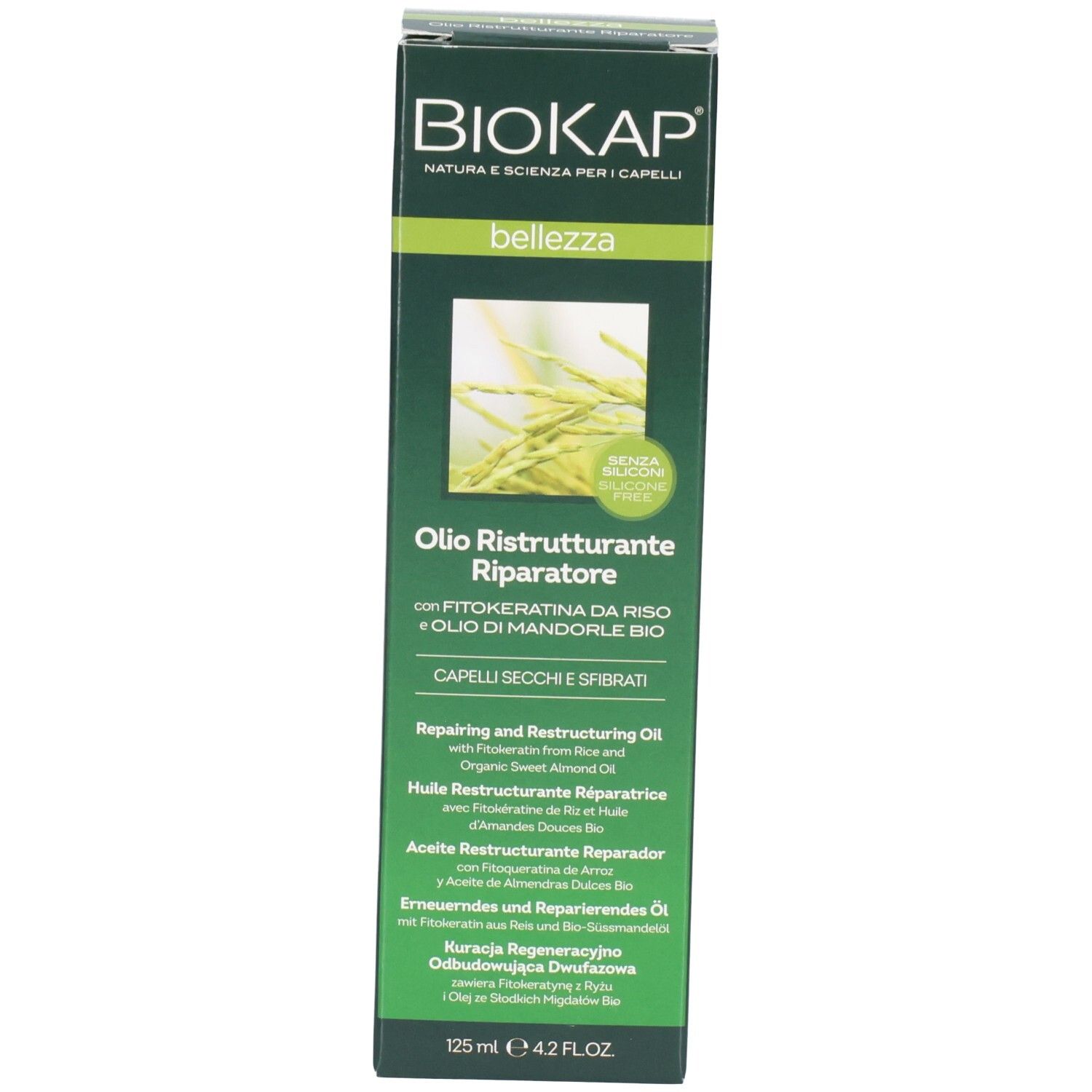 Emballage vert du produit. Inscription : BIOKAP, Bellezza. Informations sur le produit et illustration de plantes.