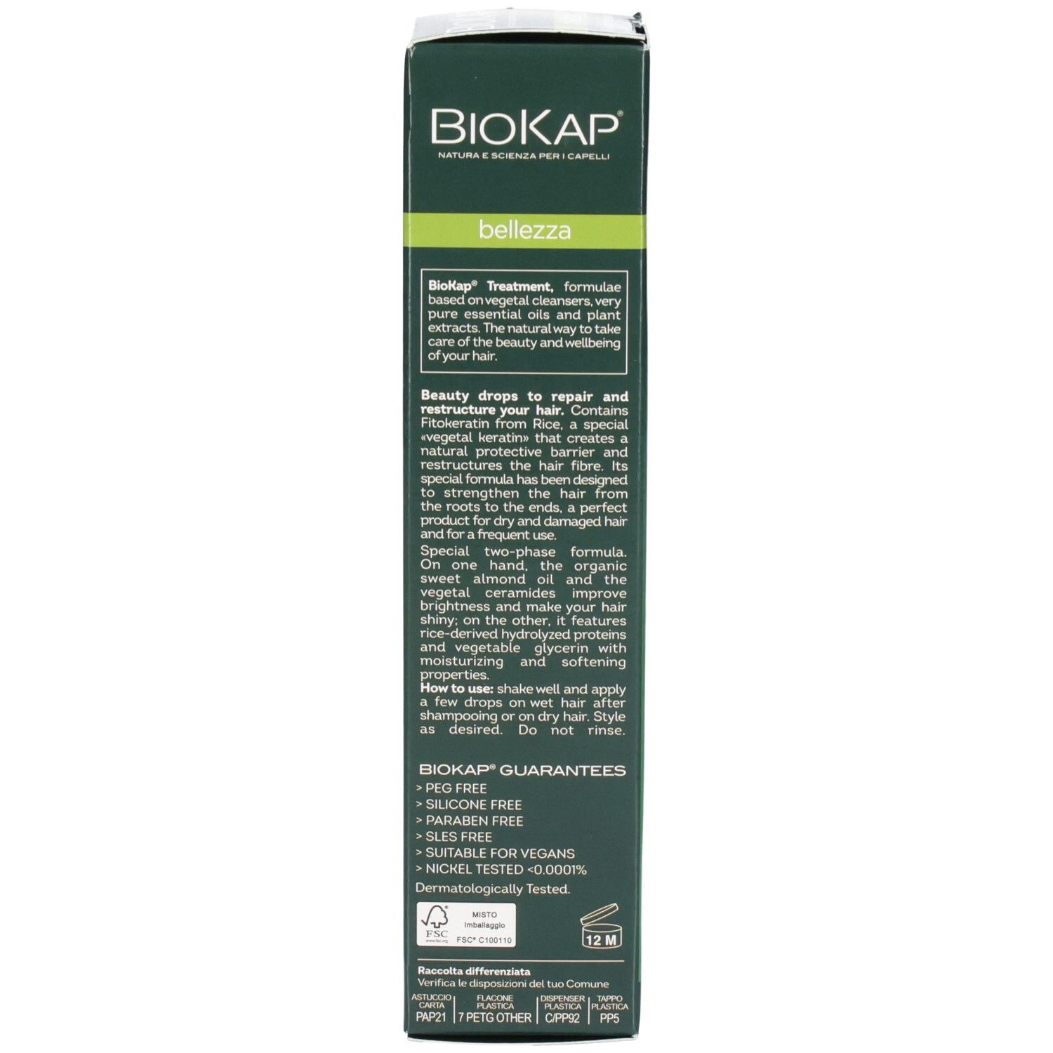 Dos de l'emballage du produit. Texte en plusieurs langues. Garanties et certifications BIOKAP.