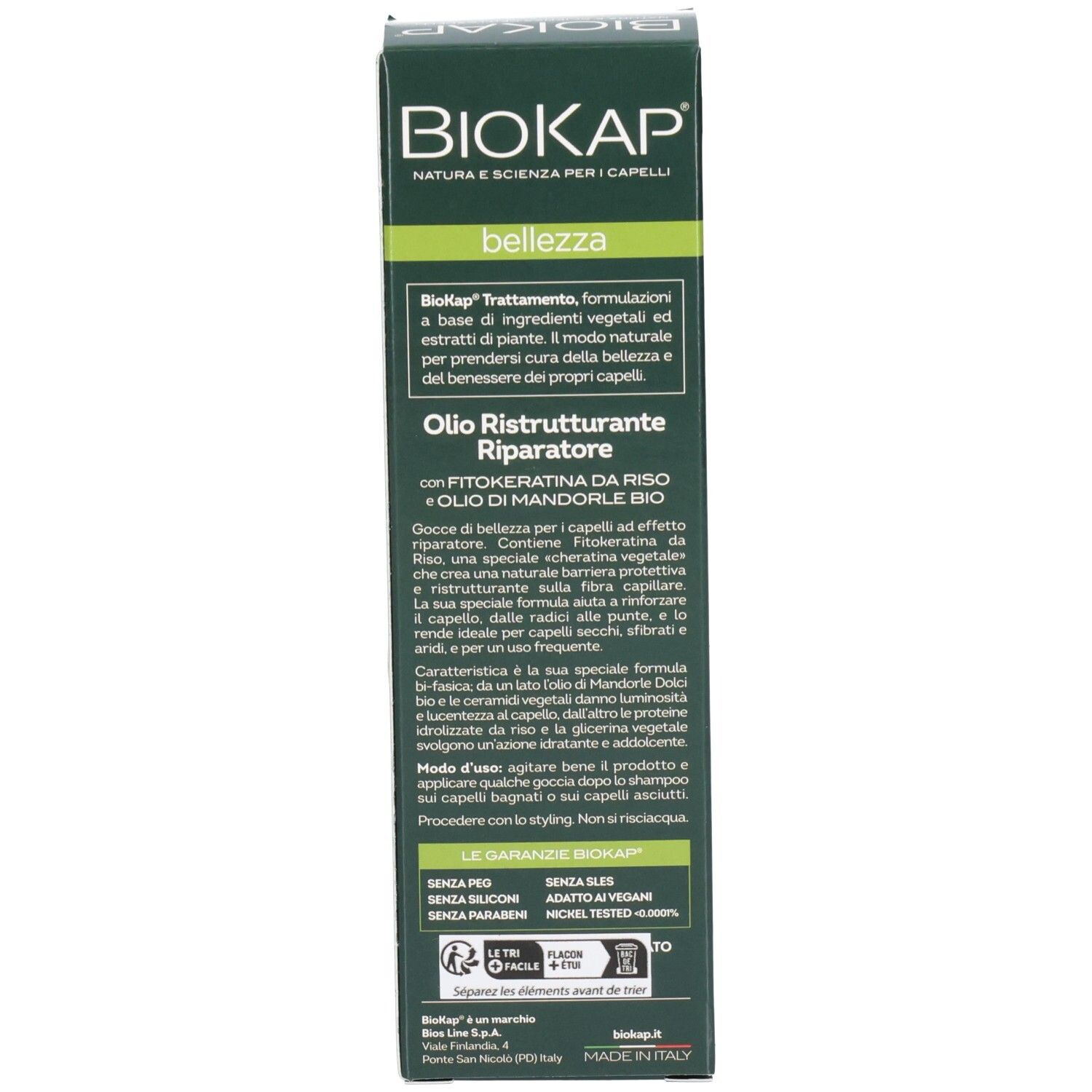 Dos de l'emballage du produit. Texte en italien. Garanties et ingrédients BIOKAP.