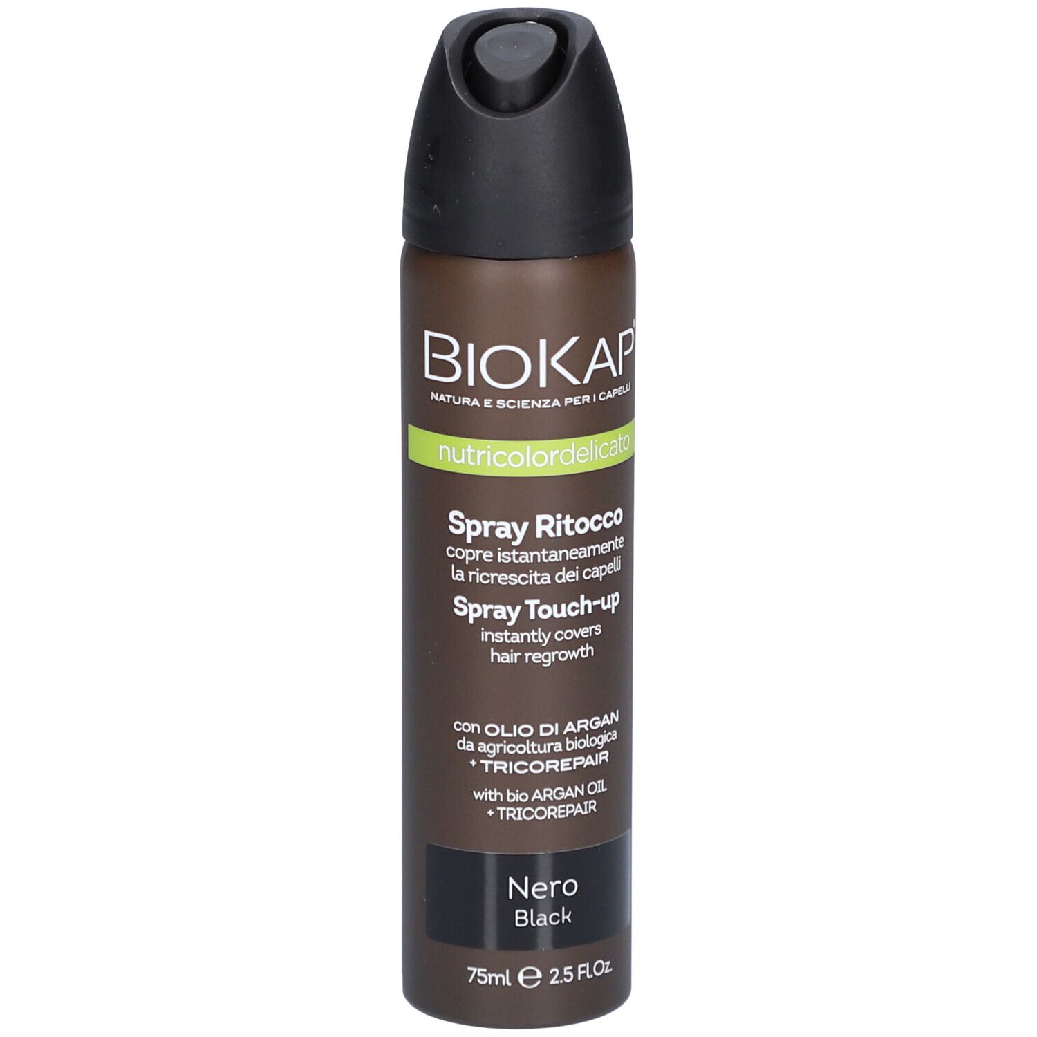 BIOKAP Nutricolor Delicato Spray Retouche Noir. Bombe aérosol avec bouchon noir. Texte et logo.