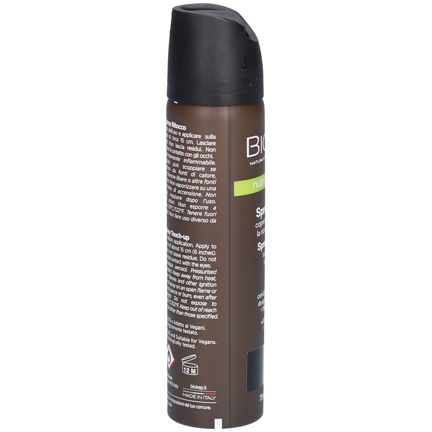 BIOKAP Nutricolor Delicato Spray Retouche Noir. Bombe aérosol avec bouchon noir. Texte et logo.