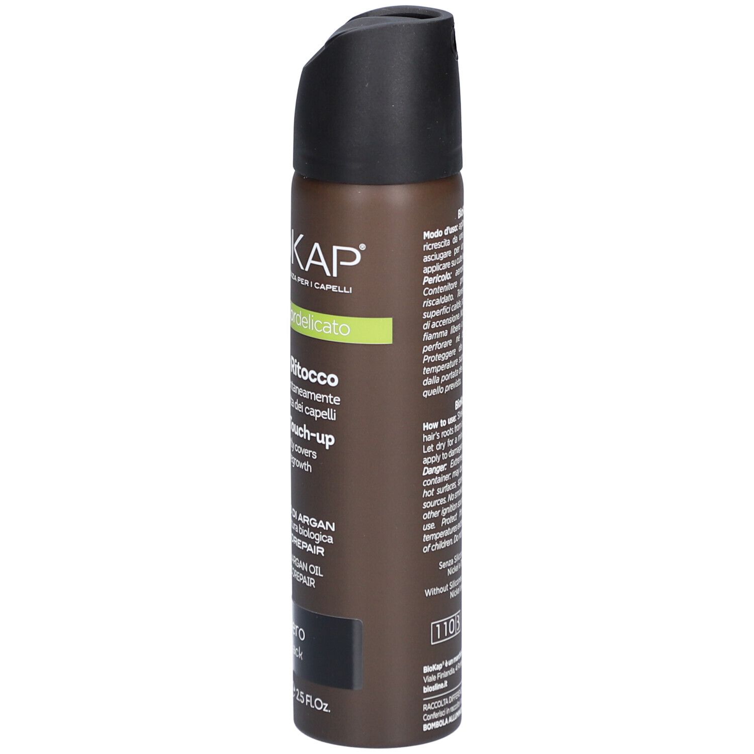 BIOKAP Nutricolor Delicato Spray Retouche Noir. Bombe aérosol avec bouchon noir. Texte et logo.