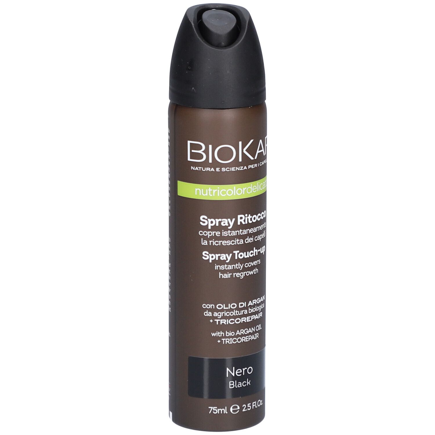 BIOKAP Nutricolor Delicato Spray Retouche Noir. Bombe aérosol avec bouchon noir. Texte et logo.