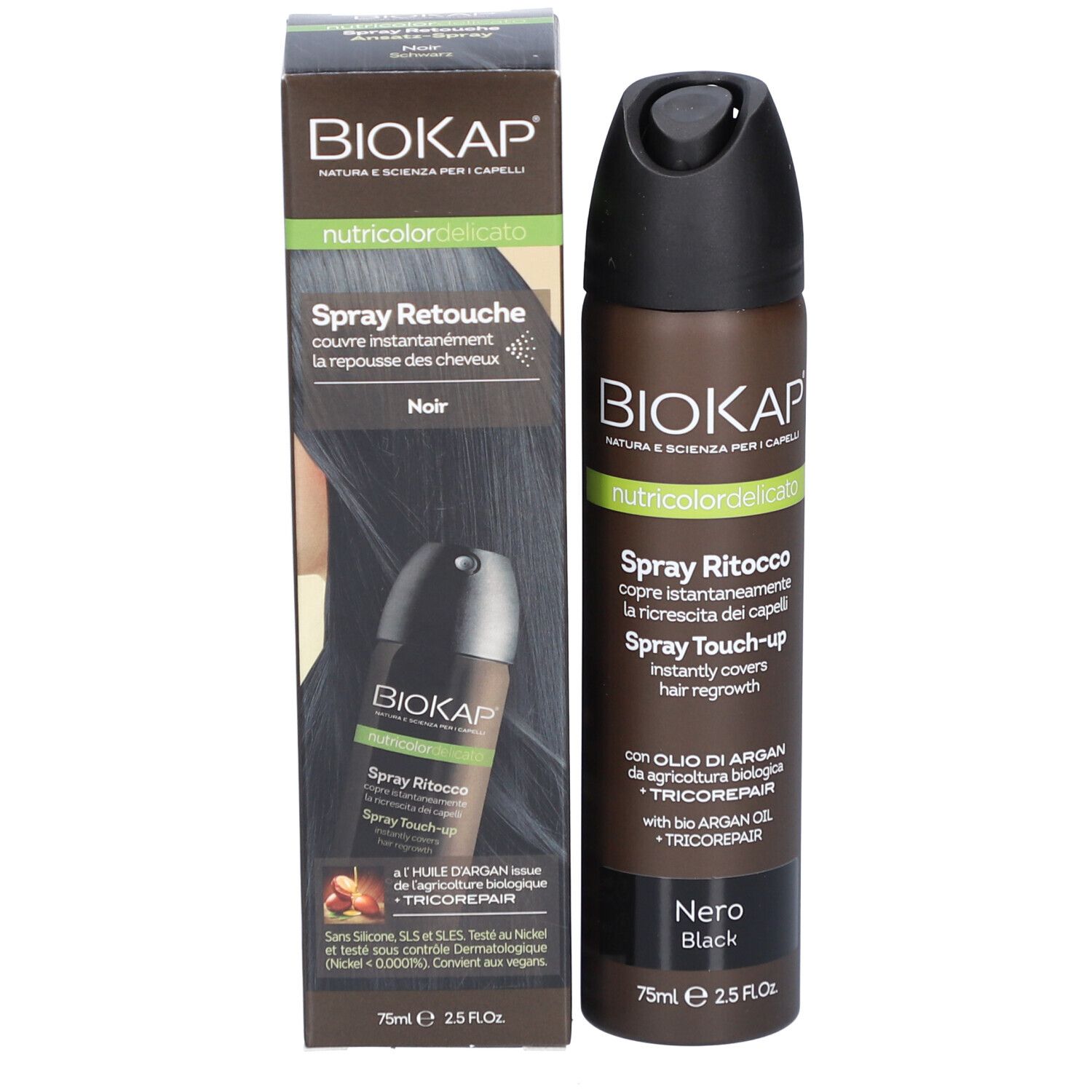 BIOKAP Nutricolor Delicato Spray Retouche Noir. Spray et emballage. Texte et logo visibles.