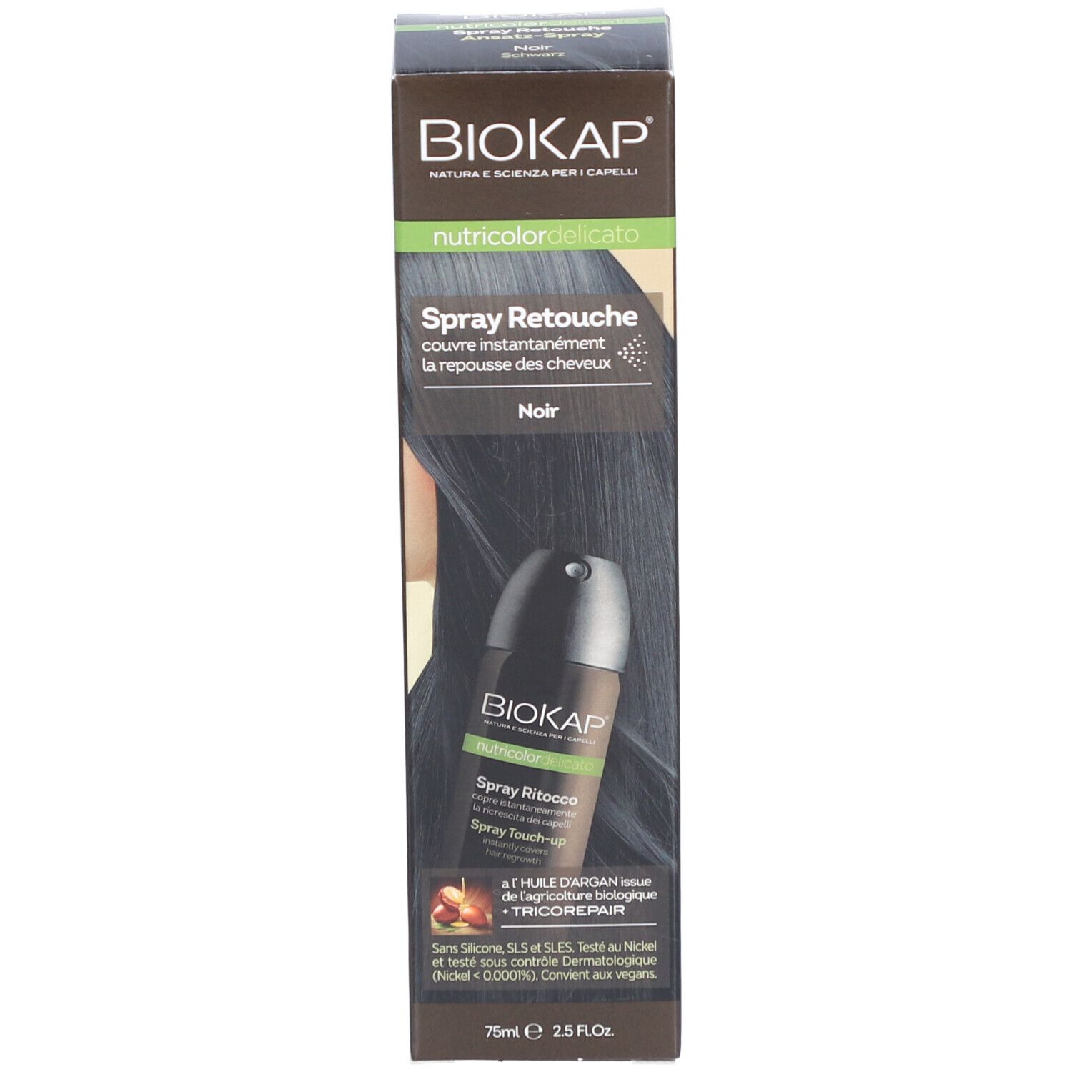 BIOKAP Nutricolor Delicato Spray Retouche Noir. Emballage. Texte et logo. Image du produit.