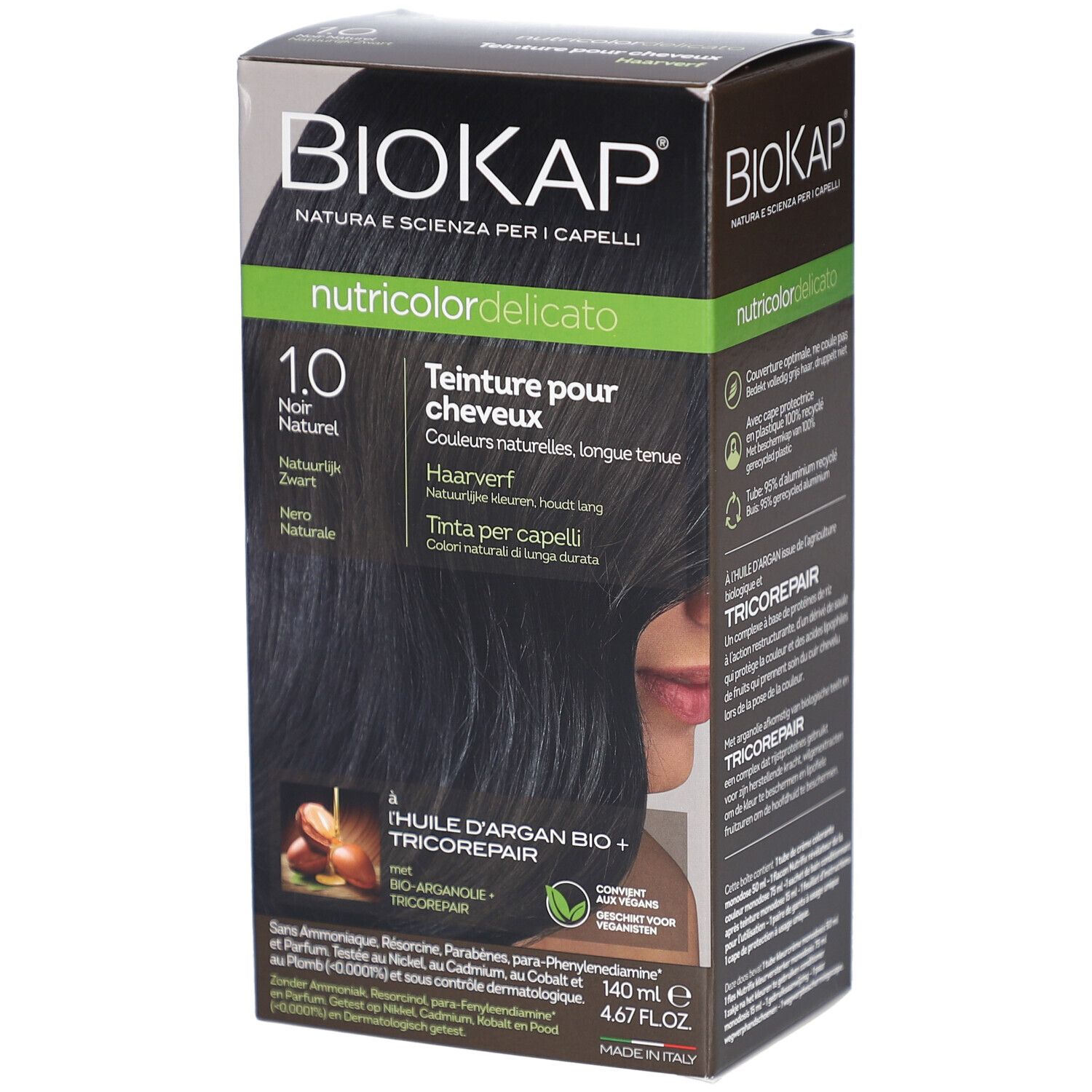 Boîte de teinture pour cheveux BIOKAP Nutricolor Delicato 1.0 Noir. Contient huile d'argan et Tricorepair. Couleur noire.