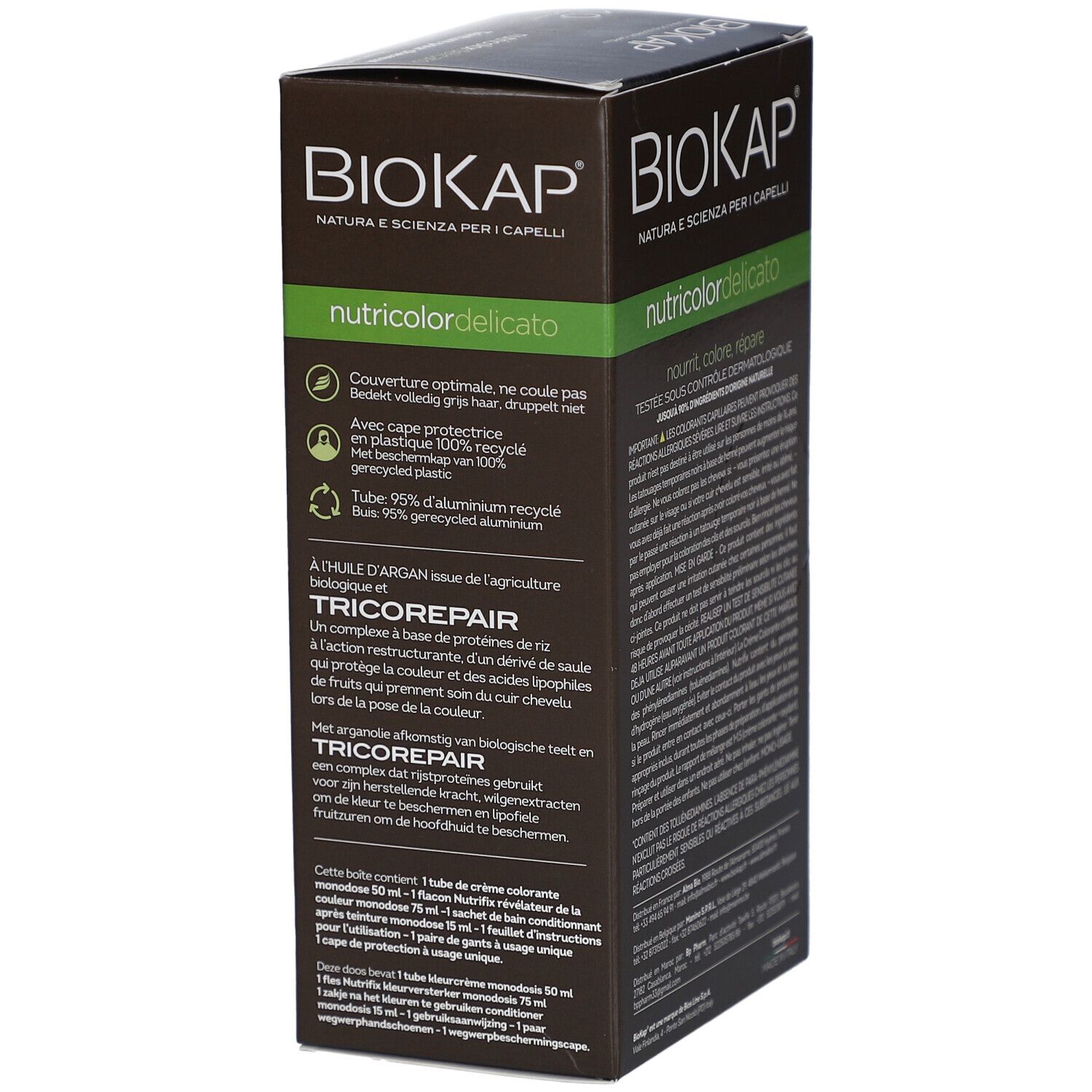 Dos de la boîte BIOKAP Nutricolor Delicato 1.0 Noir. Informations sur les ingrédients et l'emballage.