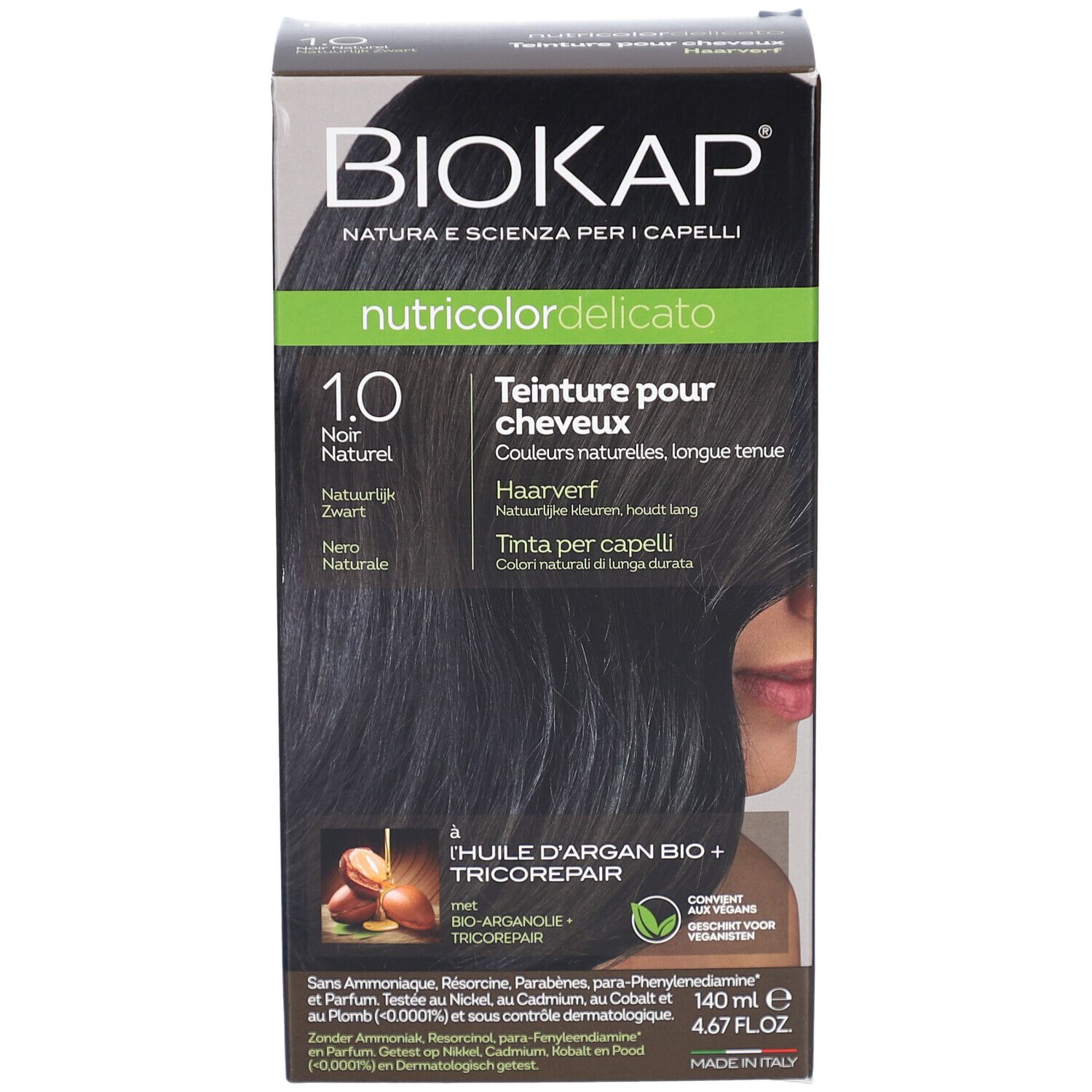Boîte de teinture pour cheveux BIOKAP Nutricolor Delicato 1.0 Noir. Contient huile d'argan et Tricorepair. Couleur noire.