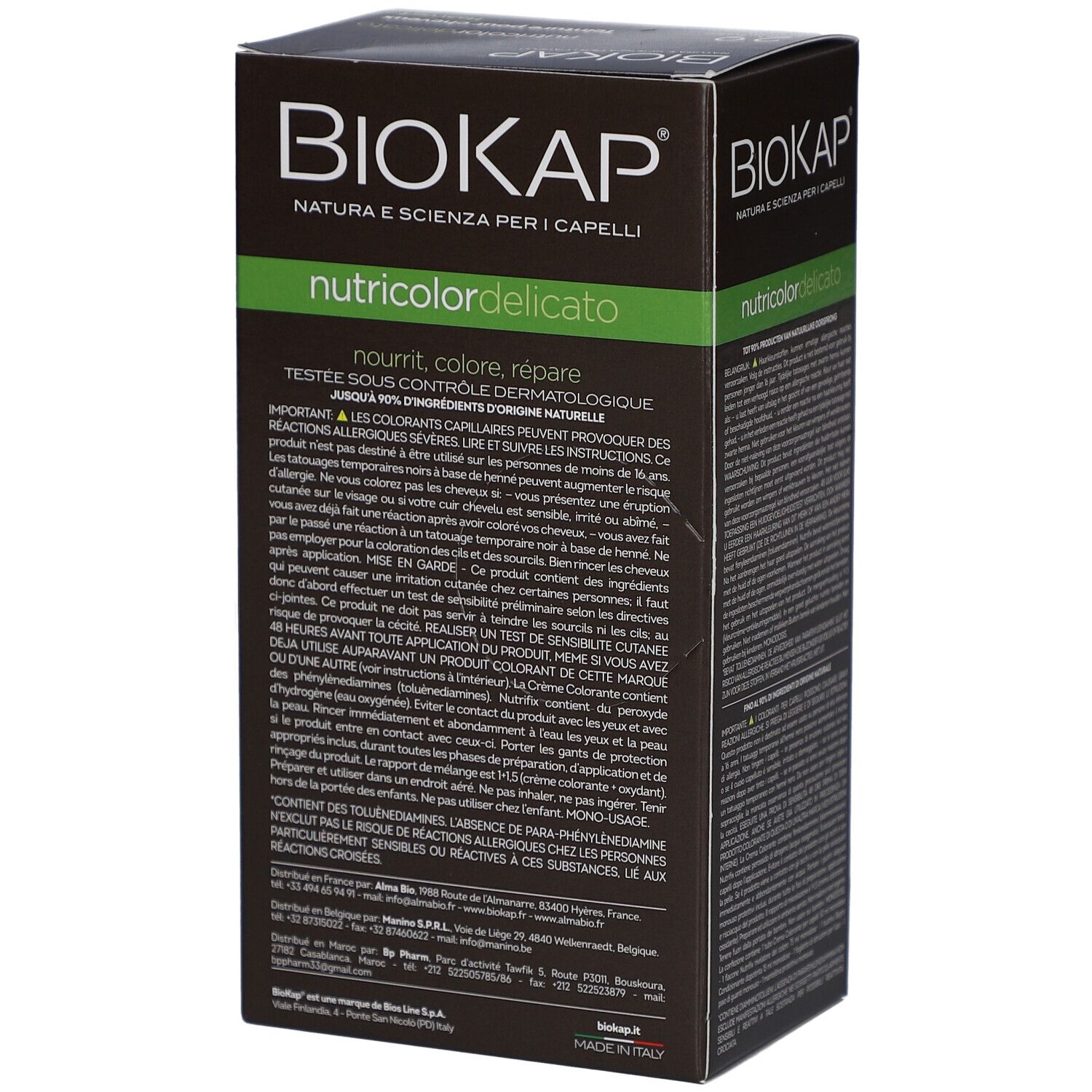 Boîte de teinture capillaire BIOKAP. Texte en plusieurs langues. Contient des informations sur le produit et ses ingrédients.