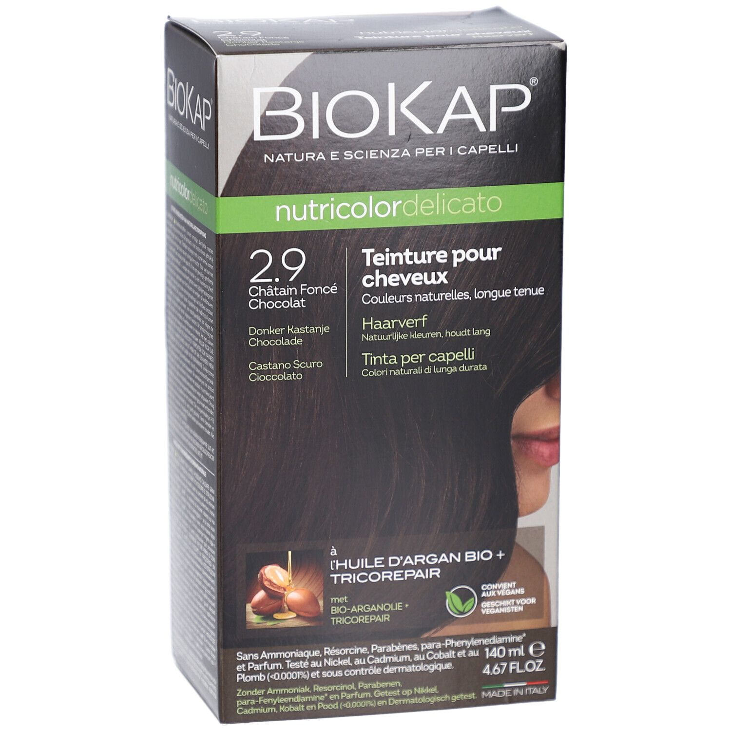 Boîte de teinture capillaire BIOKAP. Inscription: nutricolor delicato, 2.9, Châtain Foncè Chocolat. Contient de l'huile d'argan et Tricorepair.