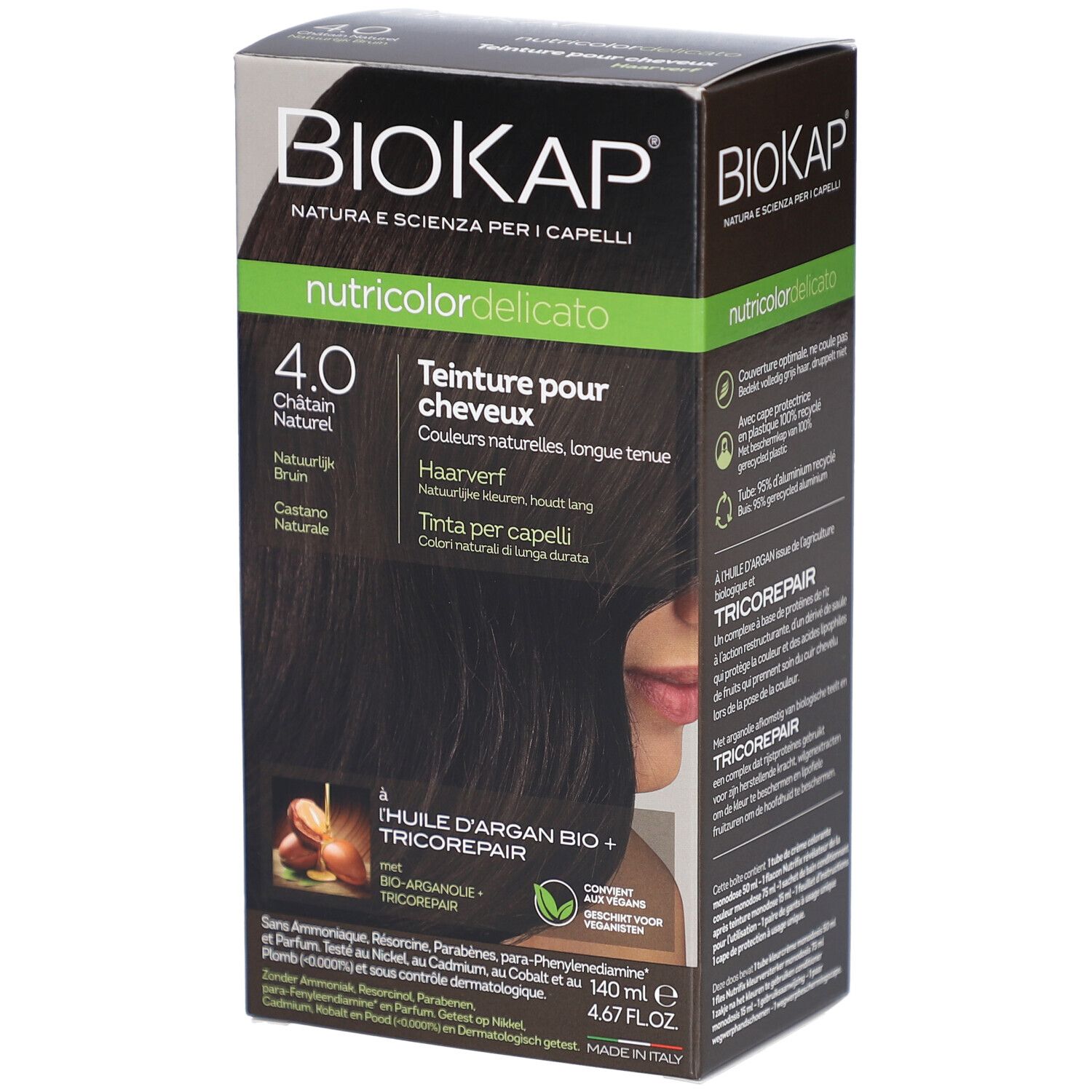 Boîte Biokap Nutricolordelicato 4.0 Châtain Naturel. Nom du produit, teinte et ingrédients visibles. Vue de face.