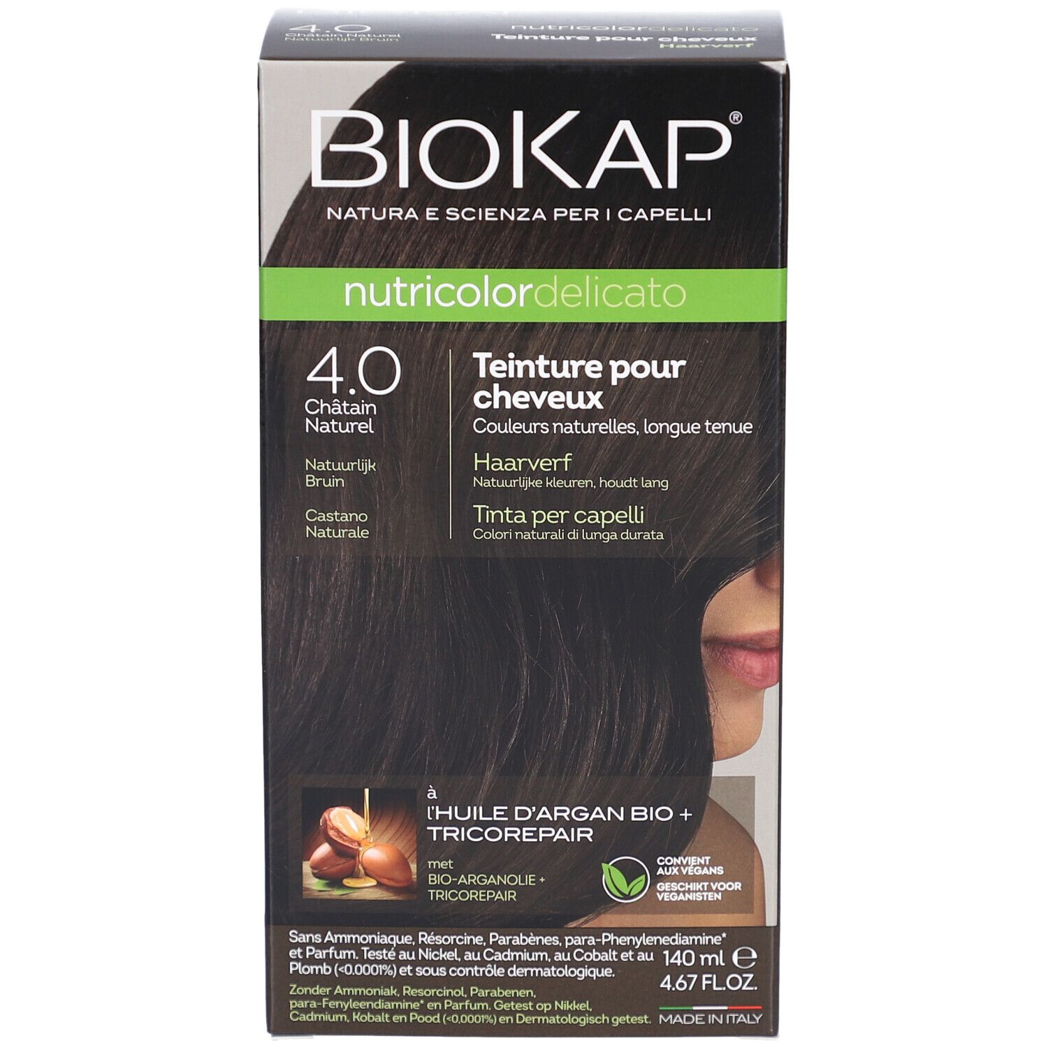 Boîte Biokap Nutricolordelicato 4.0 Châtain Naturel. Nom du produit, teinte et ingrédients visibles. Vue de face.