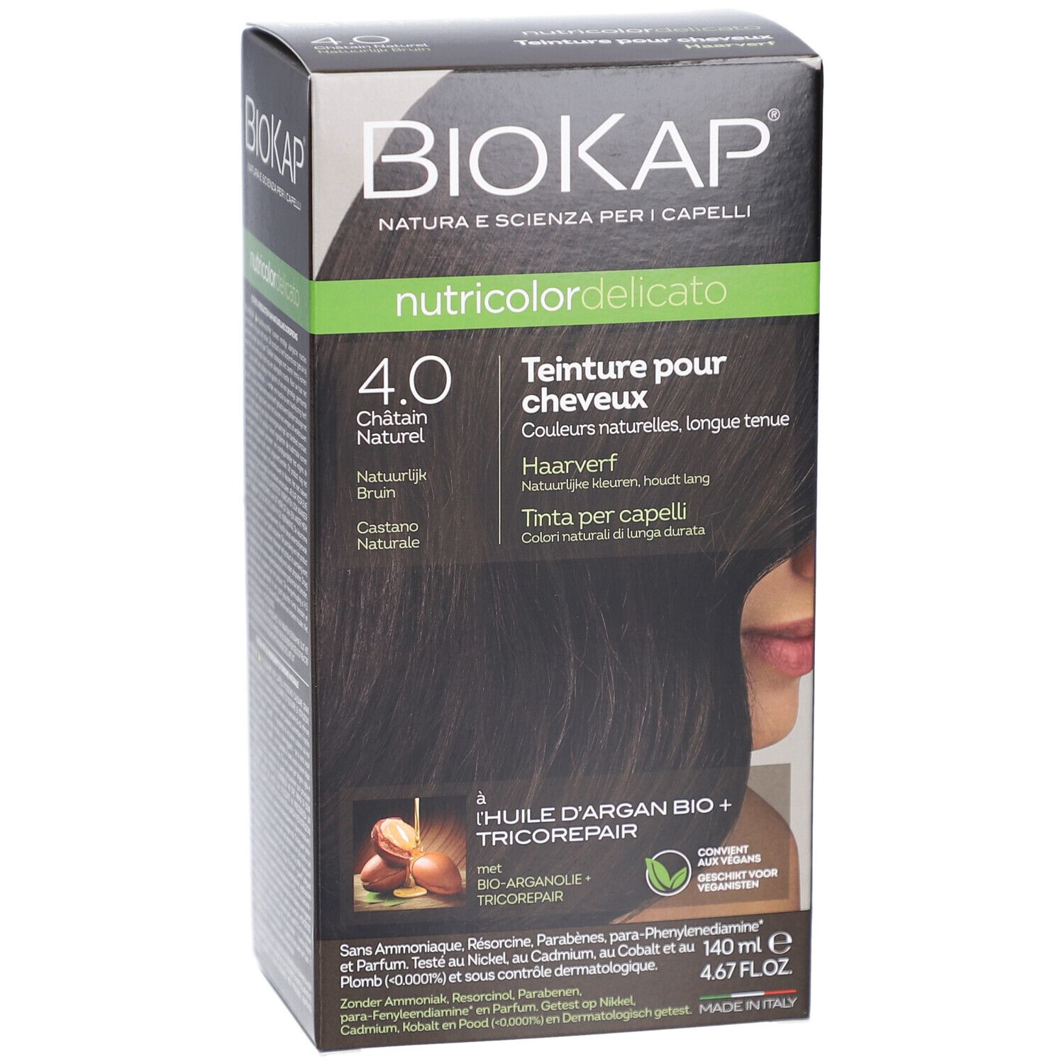 Boîte Biokap Nutricolordelicato 4.0 Châtain Naturel. Nom du produit, teinte et ingrédients visibles. Vue de face.