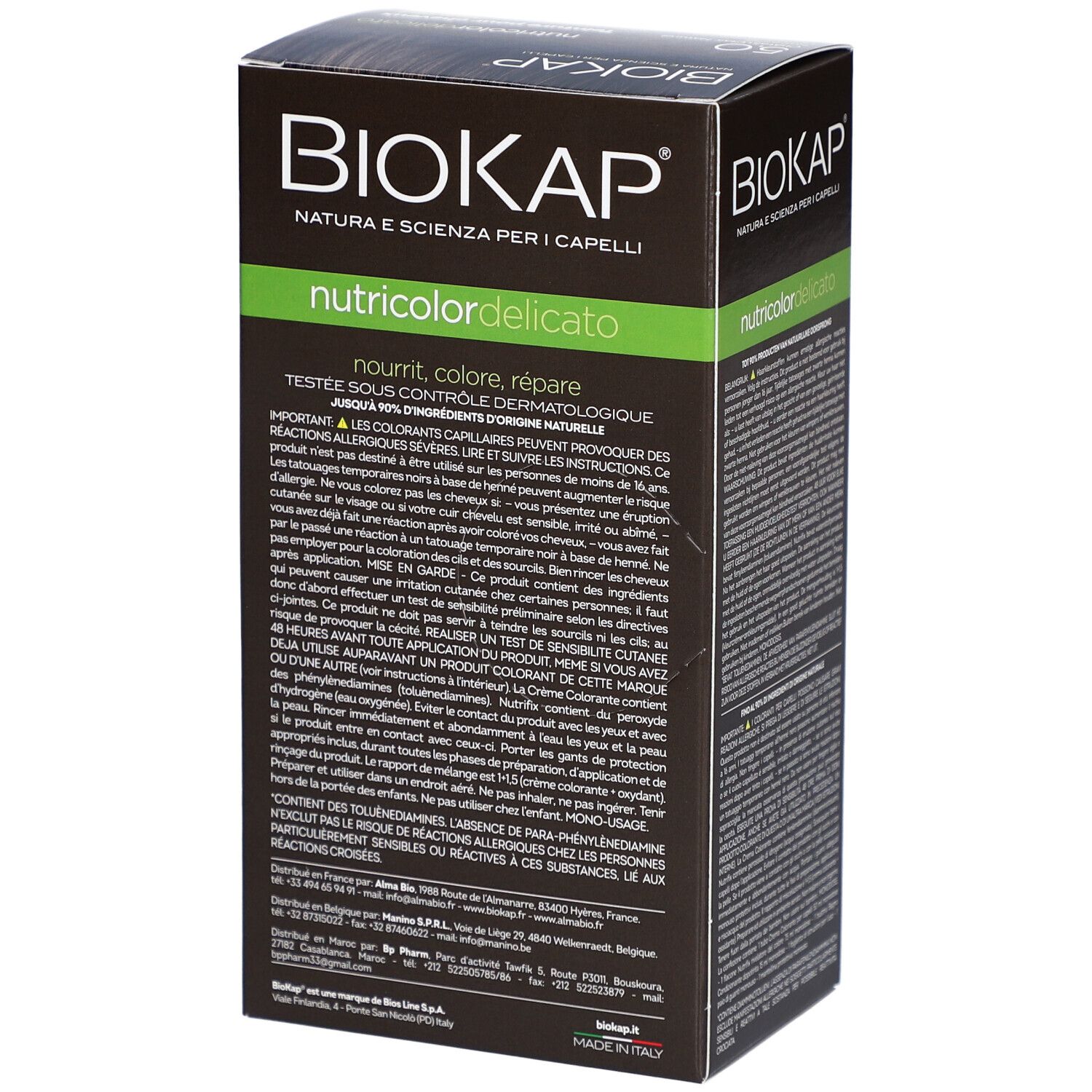 BIOKAP Nutricolor Delicato. Boîte avec texte. Informations et avertissements.