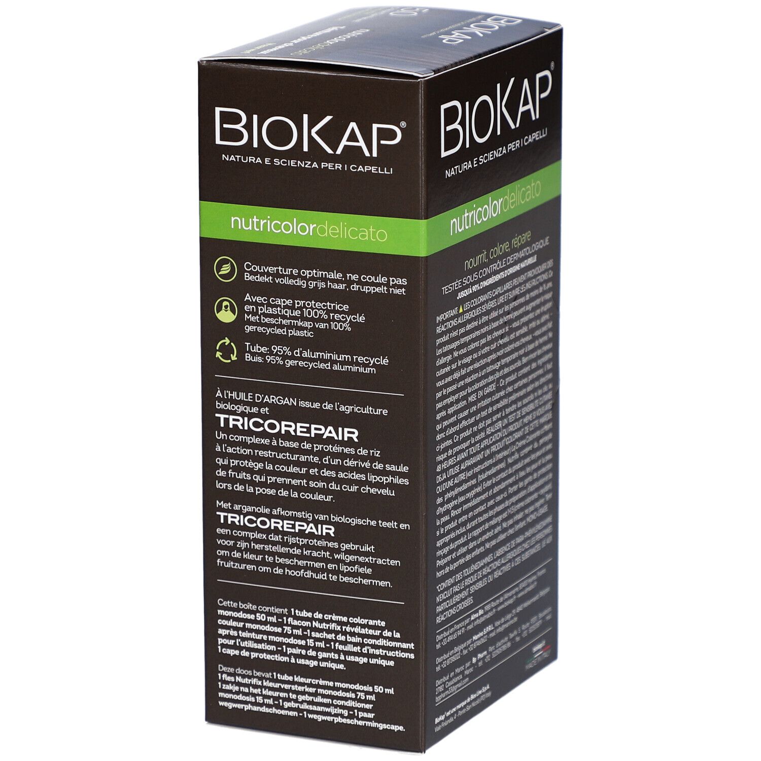 BIOKAP Nutricolor Delicato. Boîte avec texte. Ingrédients, matériaux recyclés.