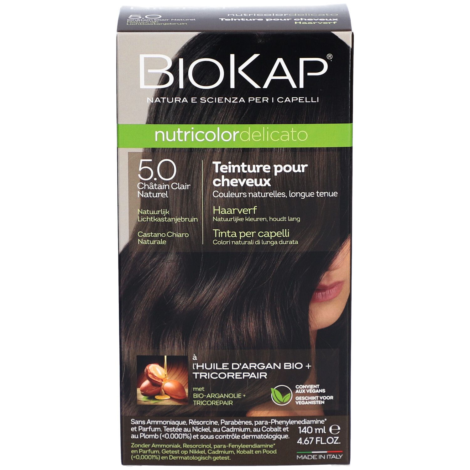 BIOKAP Nutricolor Delicato 5.0 Châtain Clair Naturel. Teinture. Boîte, vue du produit.