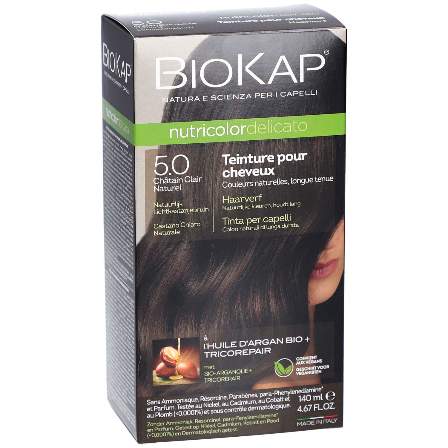 BIOKAP Nutricolor Delicato 5.0 Châtain Clair Naturel. Teinture. Boîte, vue du produit.