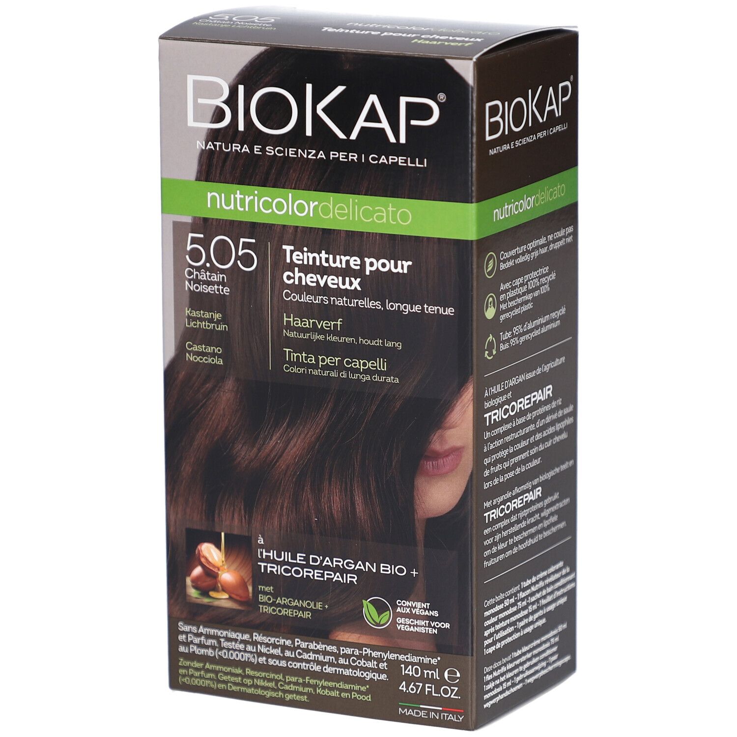 Boîte de teinture capillaire Biokap nutricolordelicato 5.05 Châtain Noisette. Contient de l'huile d'argan et Tricorepair. Vue de face.
