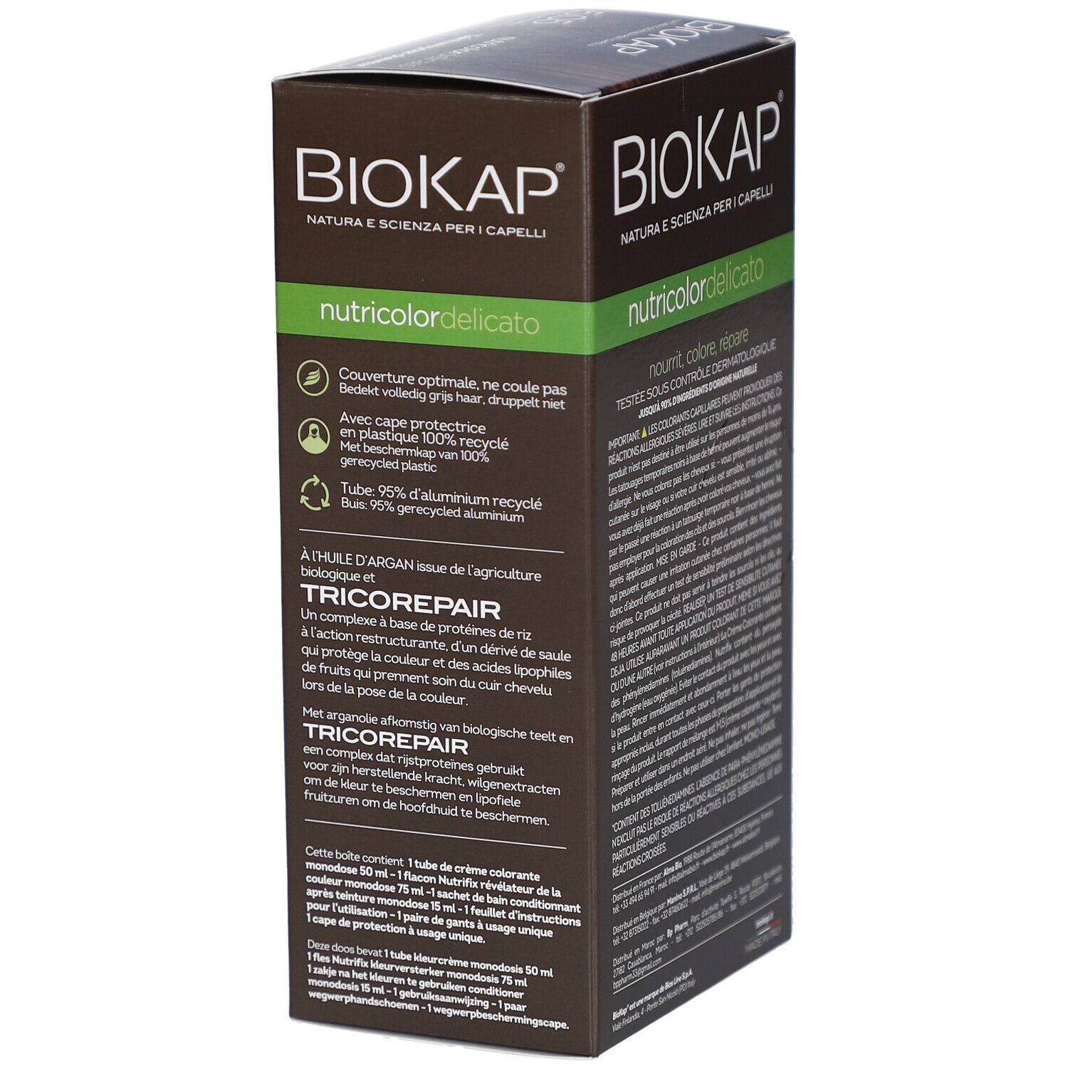 Côté de la boîte de teinture capillaire Biokap nutricolordelicato. Informations sur les ingrédients et le recyclage.