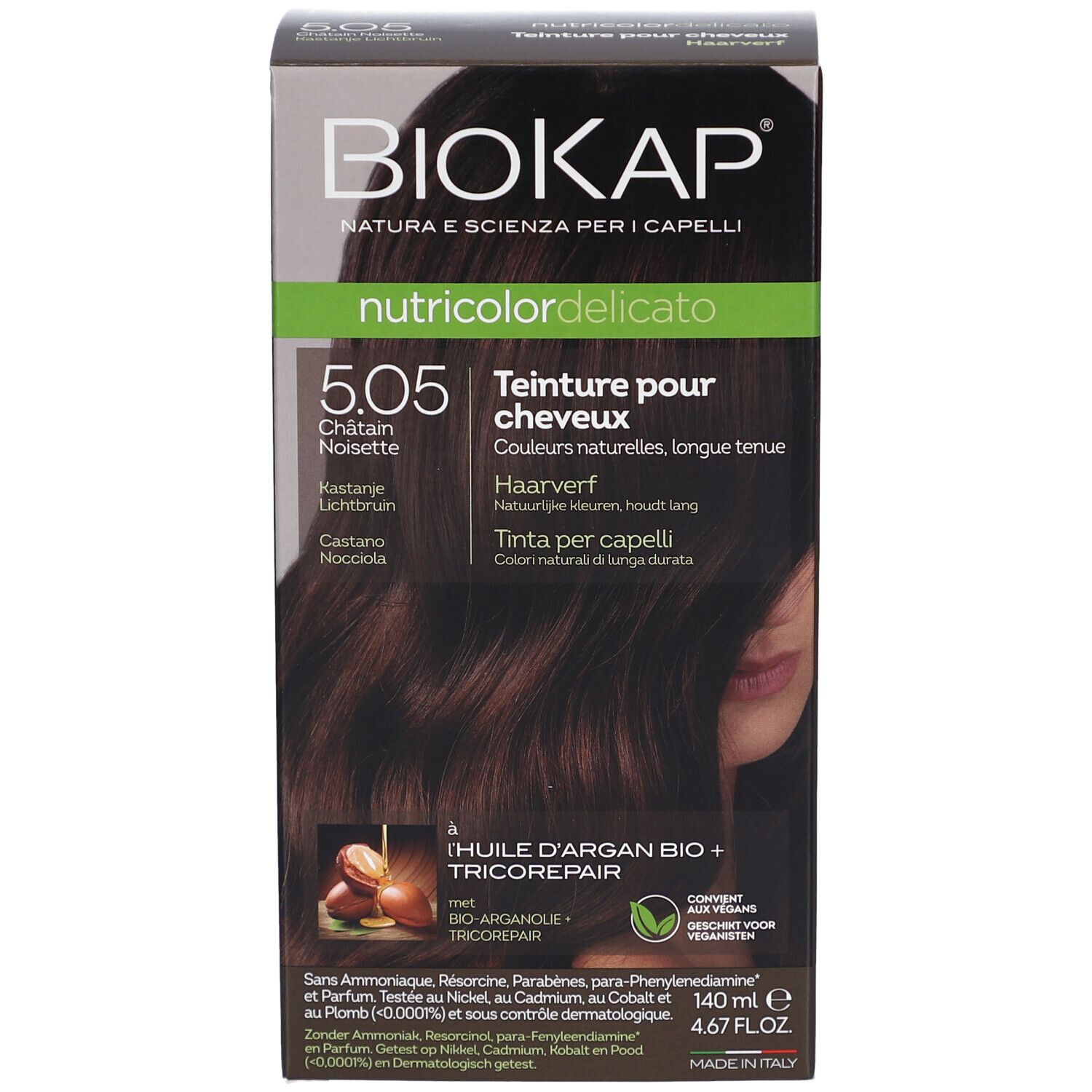 Boîte de teinture capillaire Biokap nutricolordelicato 5.05 Châtain Noisette. Contient de l'huile d'argan et Tricorepair.