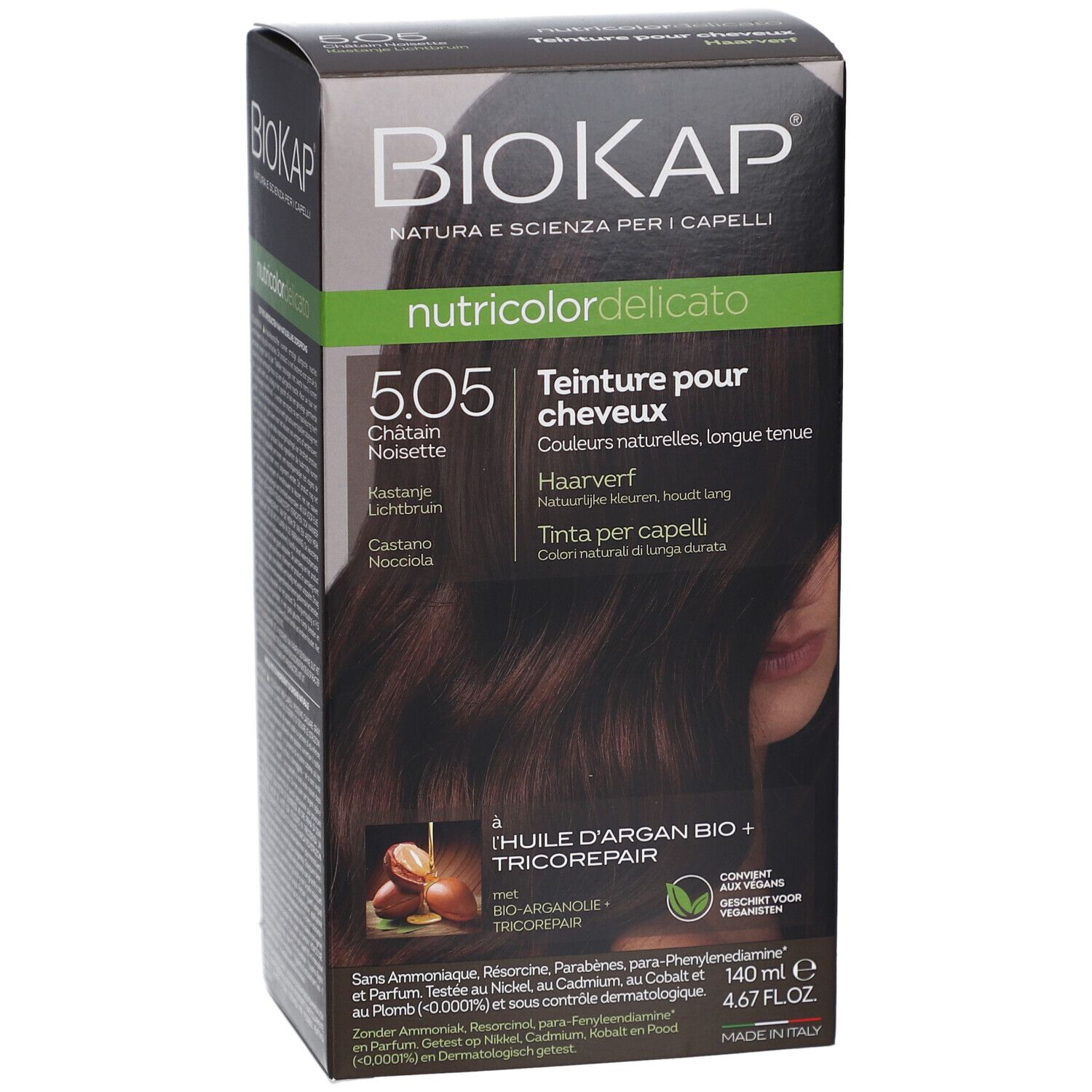 Boîte de teinture capillaire Biokap nutricolordelicato 5.05 Châtain Noisette. Contient de l'huile d'argan et Tricorepair.