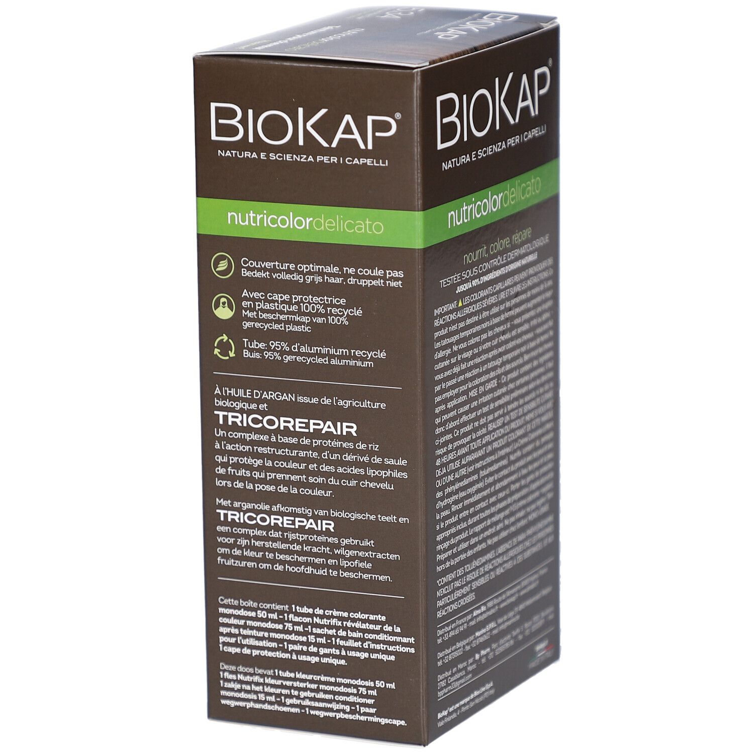 Boîte de teinture Biokap. Côté avec informations produit. Contient des informations d'emballage.