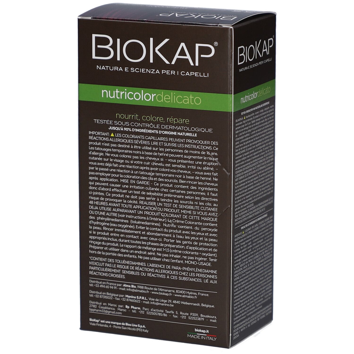 Boîte de teinture Biokap. Texte sur le côté. Avertissements et instructions d'utilisation.