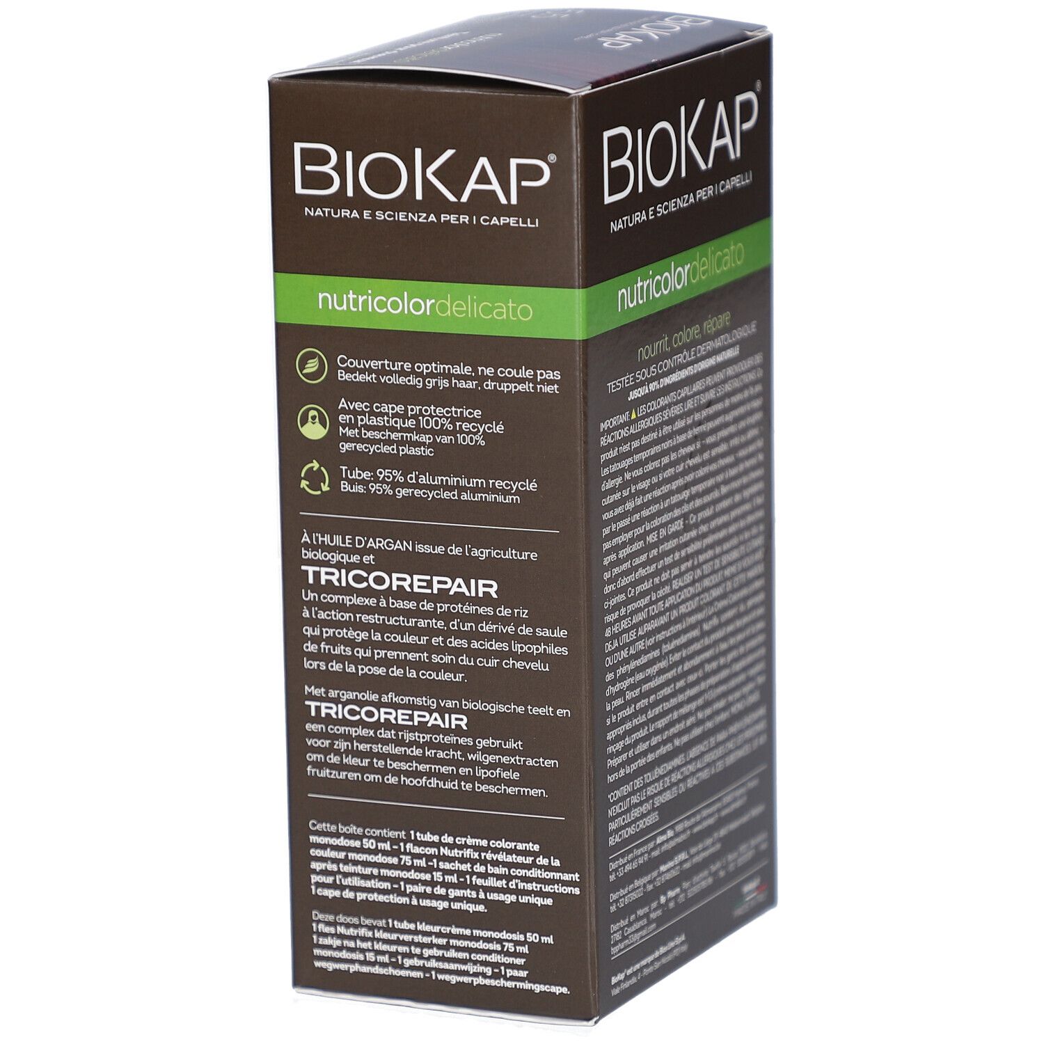 Boîte de teinture Biokap. Texte sur le côté. Informations sur l'emballage et les ingrédients.