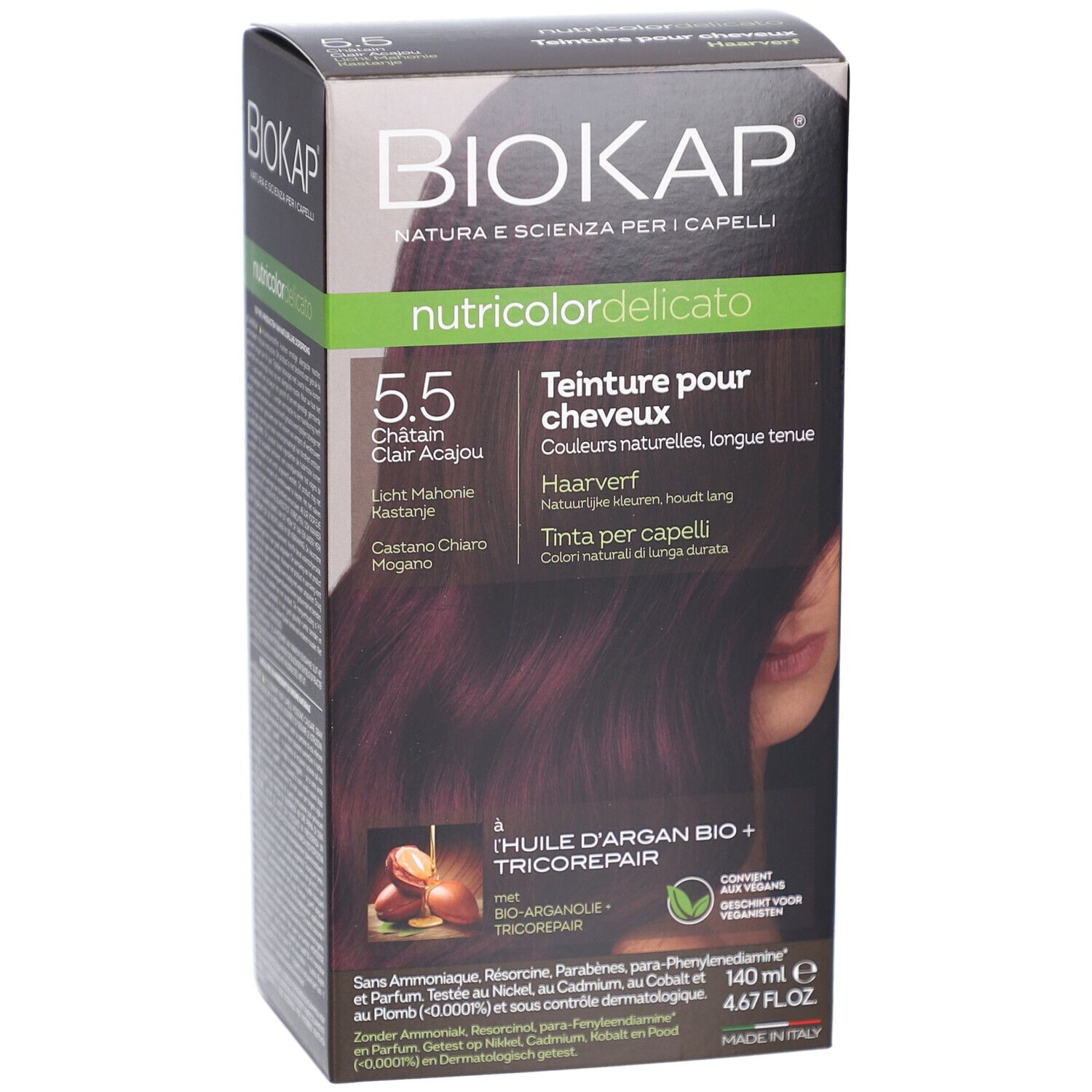 Boîte de teinture pour cheveux Biokap 5.5 Châtain Clair Acajou. Contient huile d'argan et Tricorepair. Emballage.