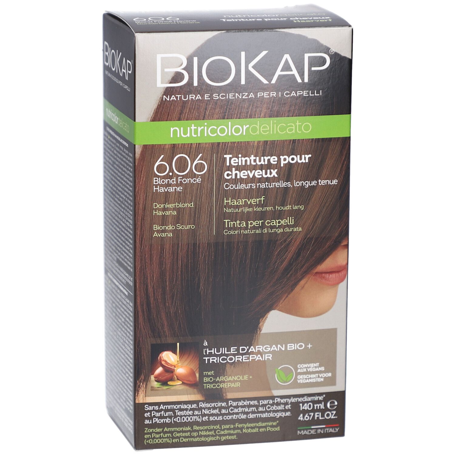 Boîte BIOKAP, face avant. Nom du produit et teinte: 6.06, Blond Fonce Havane. Contient de l'huile d'argan et Tricorepair.