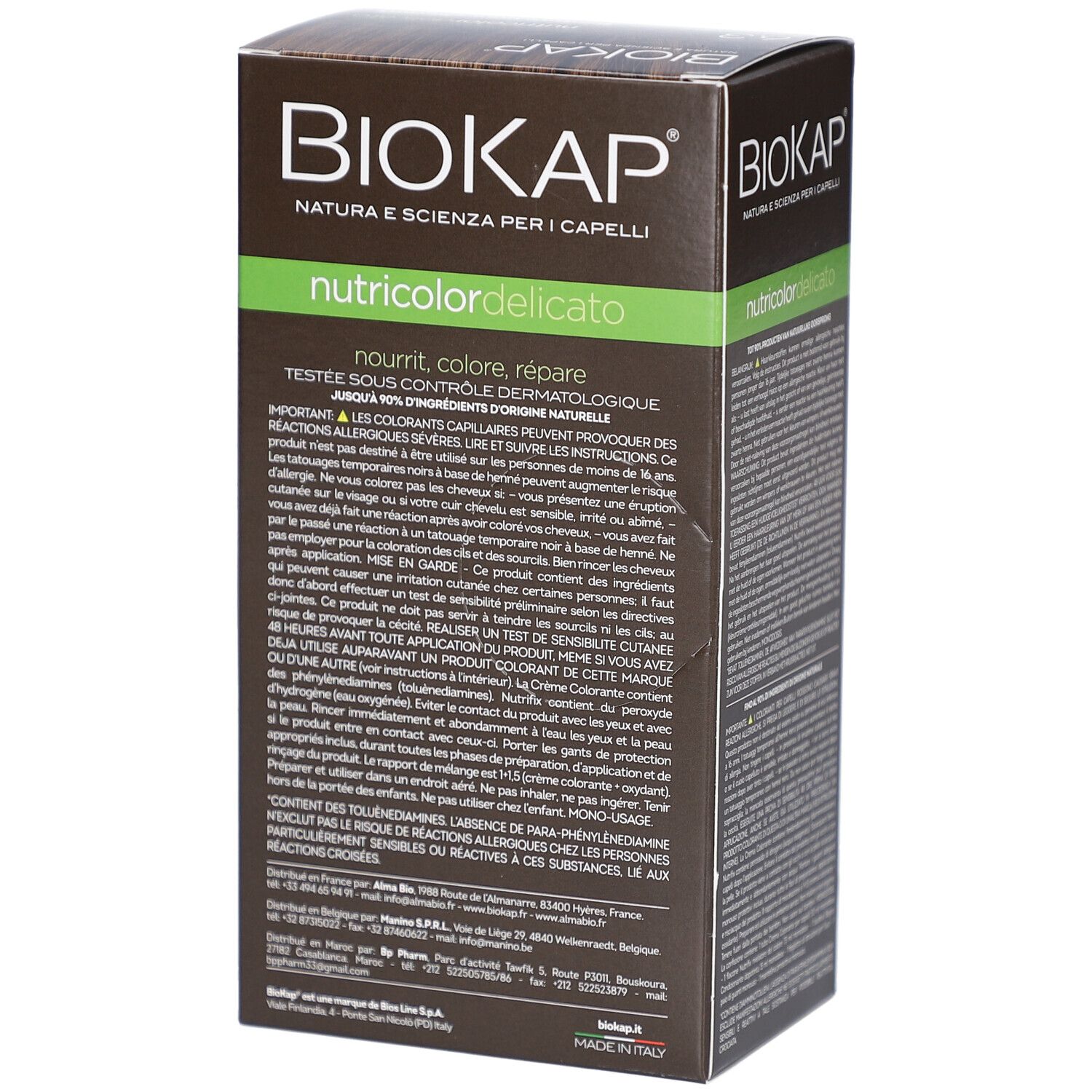 Boîte Biokap Nutricolordelicato 6.3 Blond Foncé Doré. Dos avec texte en allemand, français, italien, néerlandais. Informations sur le produit.