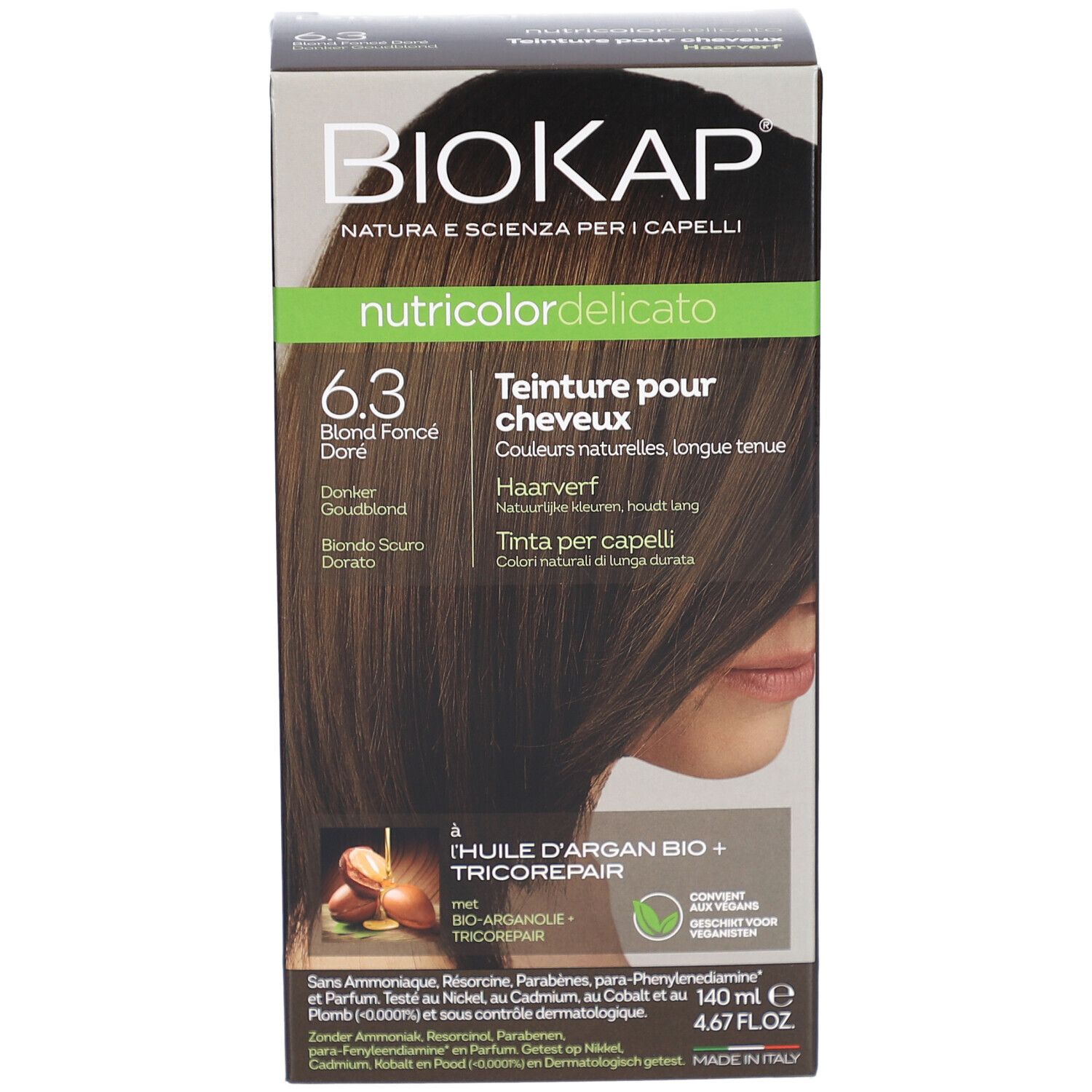 Boîte Biokap Nutricolordelicato 6.3 Blond Foncé Doré. Face avant avec image du produit et couleur de cheveux. Texte en allemand, français, italien, néerlandais.