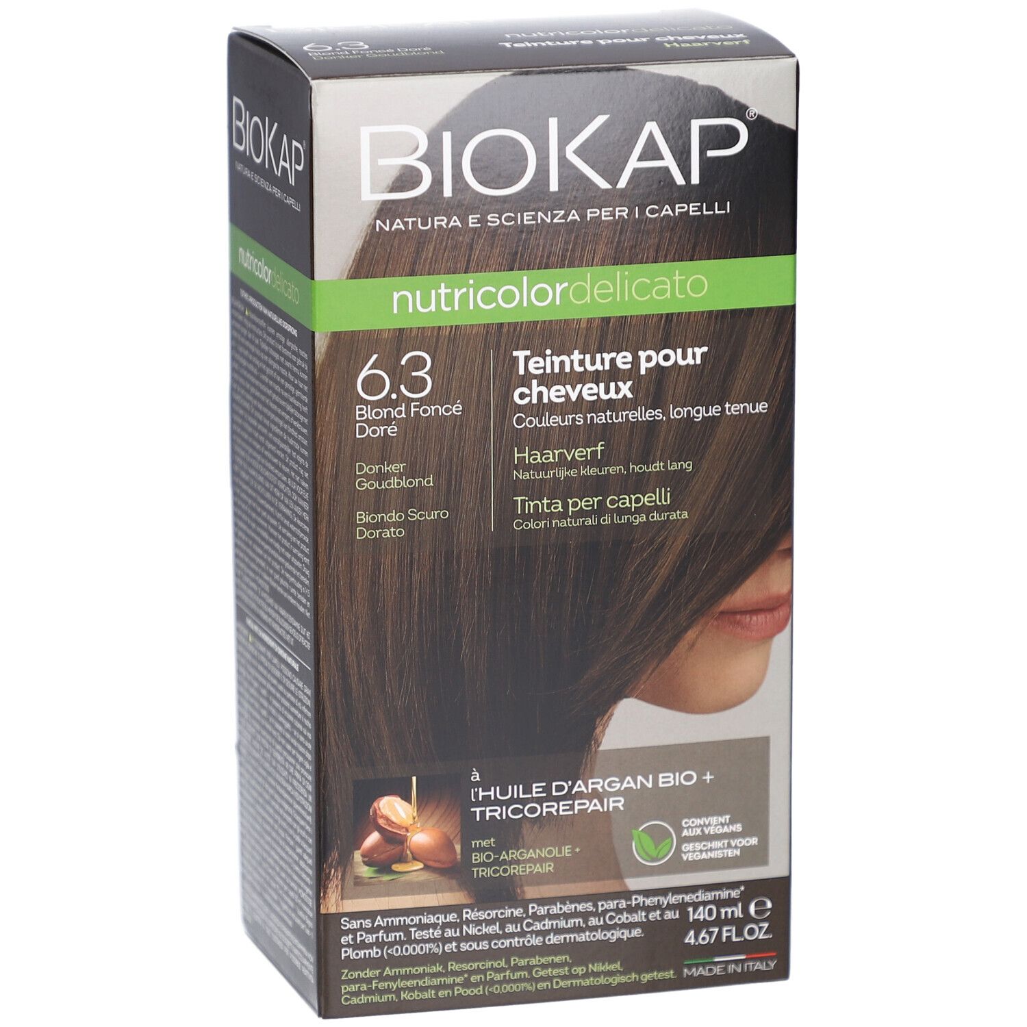 Boîte Biokap Nutricolordelicato 6.3 Blond Foncé Doré. Face avant avec image du produit et couleur de cheveux. Texte en allemand, français, italien, néerlandais.