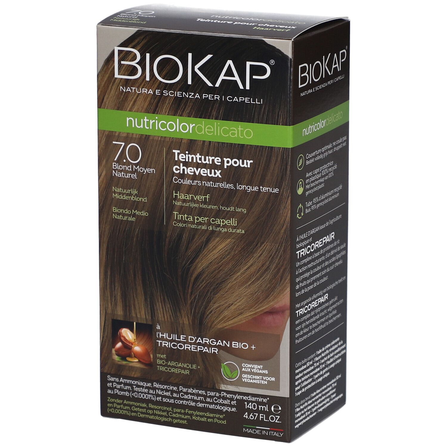 BIOKAP Nutricolor Delicato, teinture pour cheveux 7.0 Blond Moyen Naturel. Boîte avec image et texte.