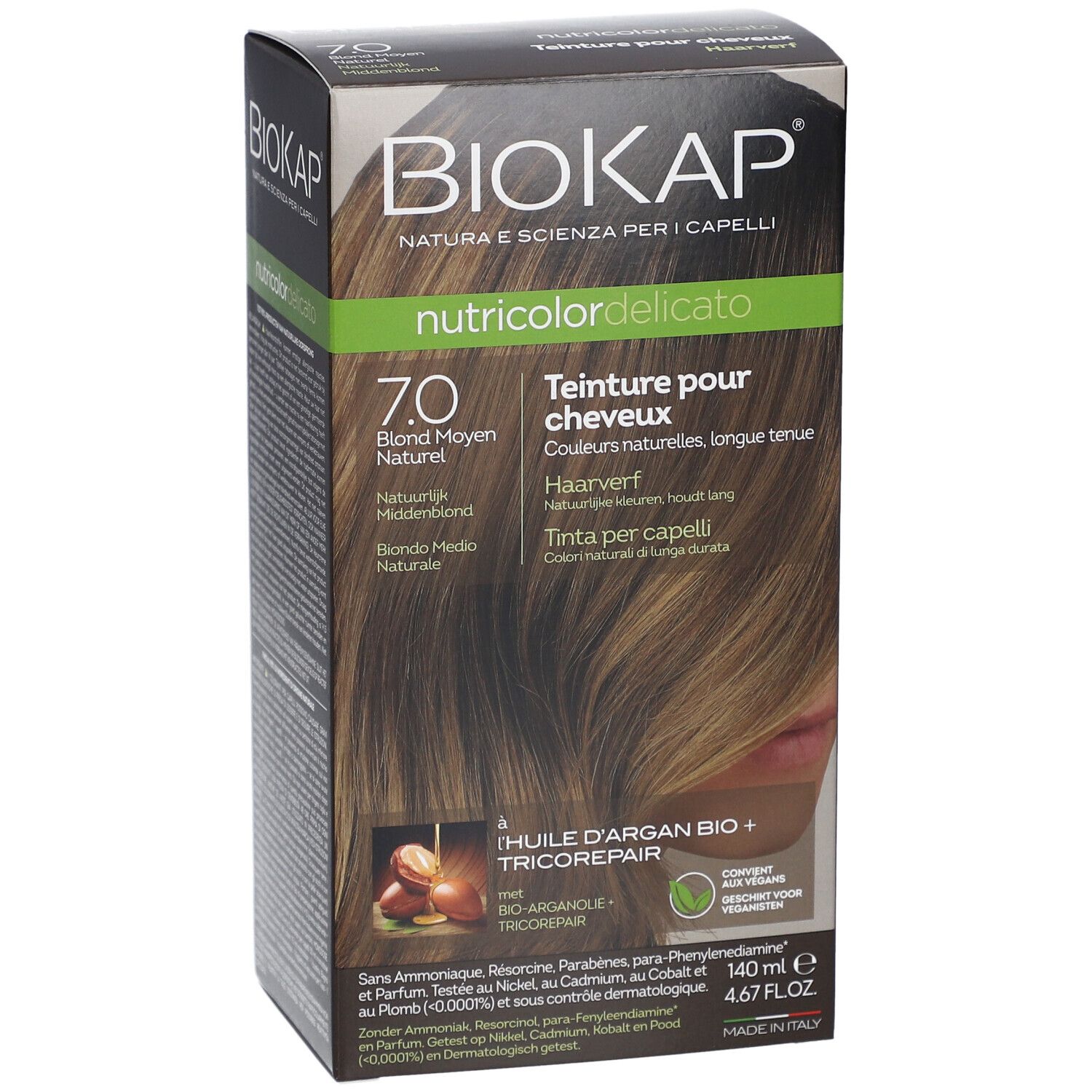 BIOKAP Nutricolor Delicato, teinture pour cheveux 7.0 Blond Moyen Naturel. Boîte avec image et texte.