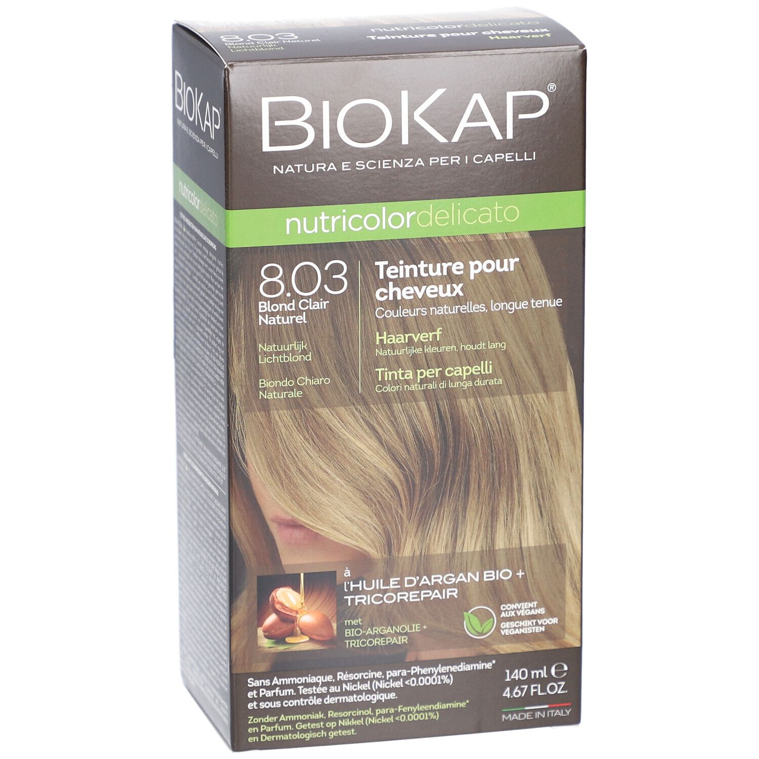 Boîte de produit BIOKAP Nutricolor Delicato 8.03 Blond Clair Naturel. Visuel et texte.