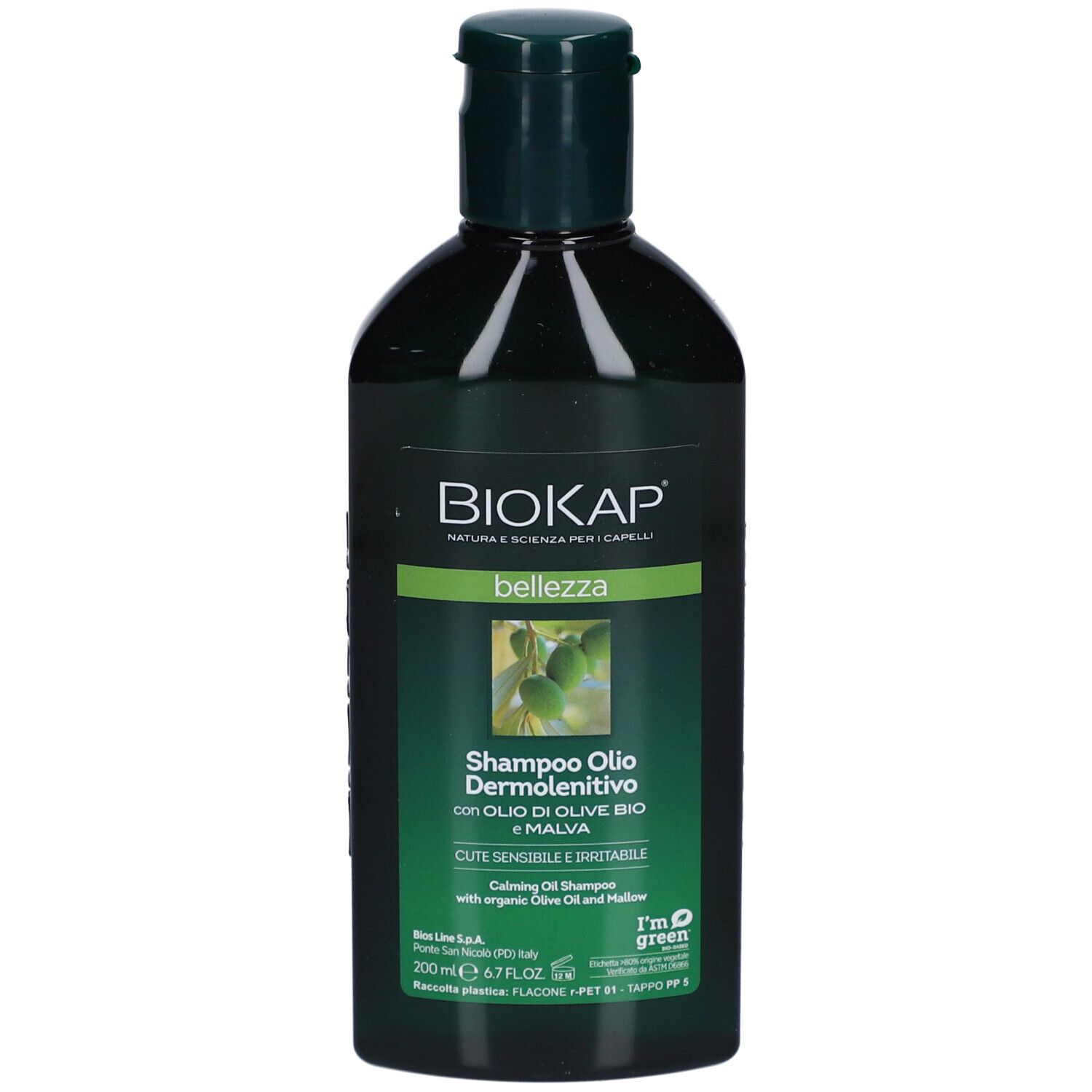 Flacon foncé, bouchon vert. Inscription: BIOKAP, Shampooing Huile Dermolenitivo.