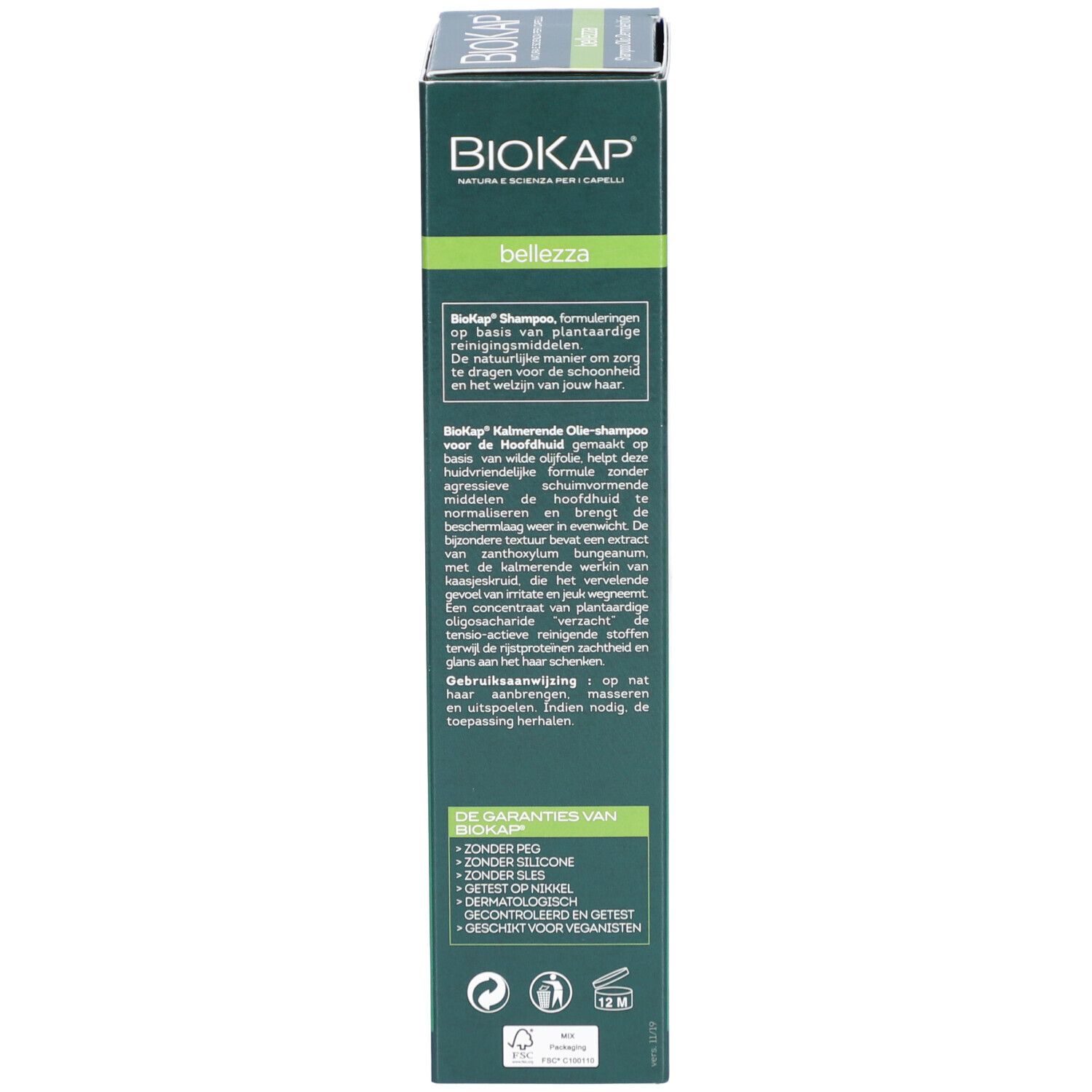 Boîte avec nom du produit: BIOKAP, Shampooing-Huile Apaisant. Écriture verte et blanche.