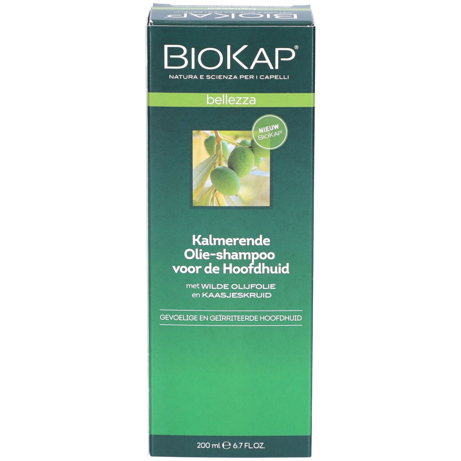 Vue latérale de l'emballage. Texte multilingue. Garanties BIOKAP.