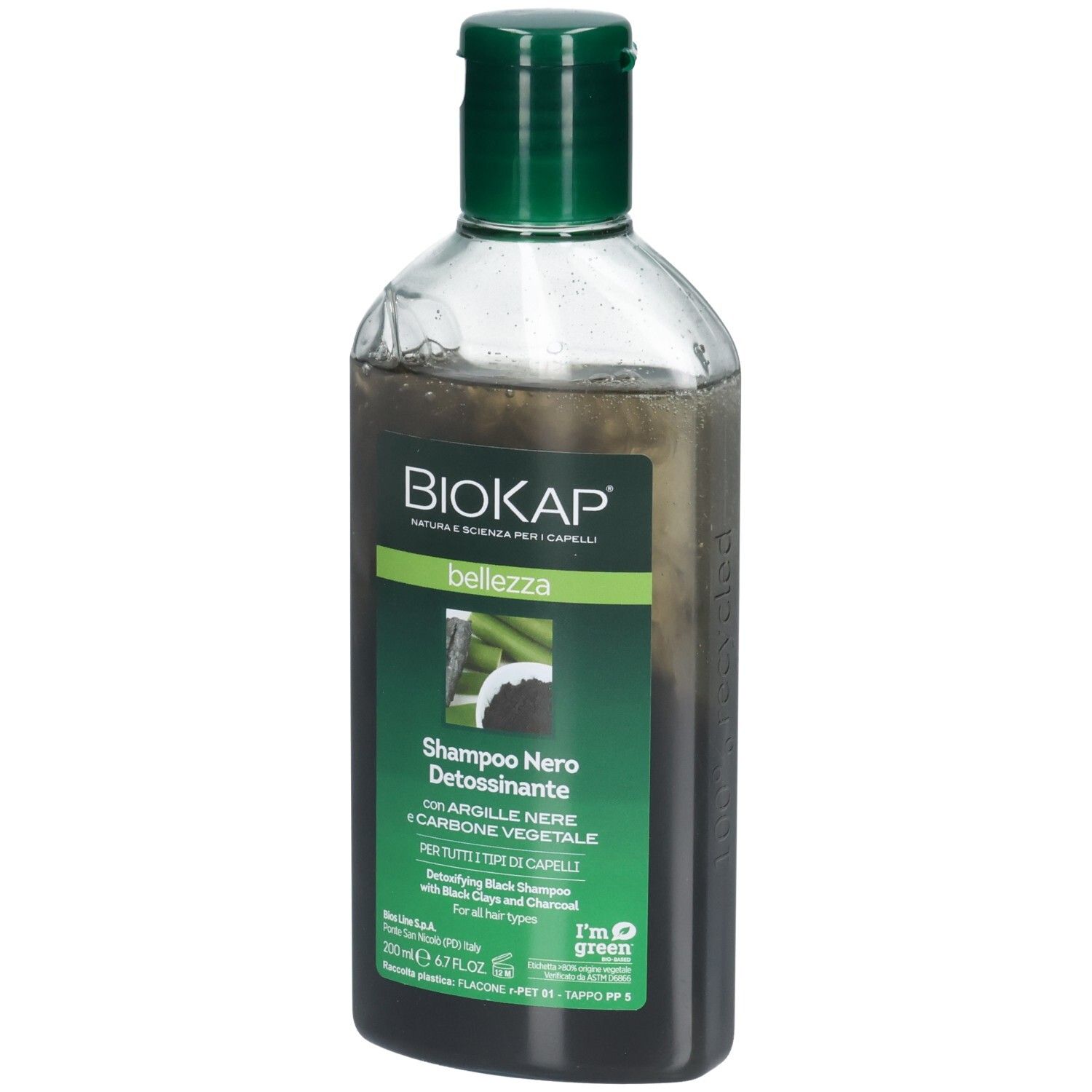 Flacon de shampooing BIOKAP Bellezza Noir Detox. Bouchon vert. Inscription : Shampoo Nero Dettossinante.