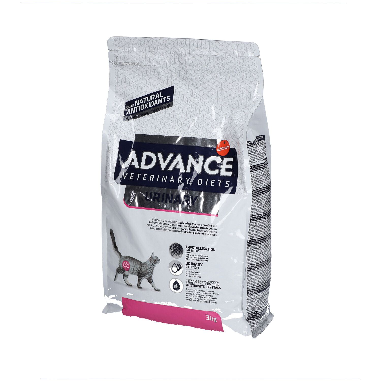 Sac ADVANCE Veterinary Diets Urinary Chat. Texte: chat, 3kg, antioxydants naturels. Illustration d'un chat.