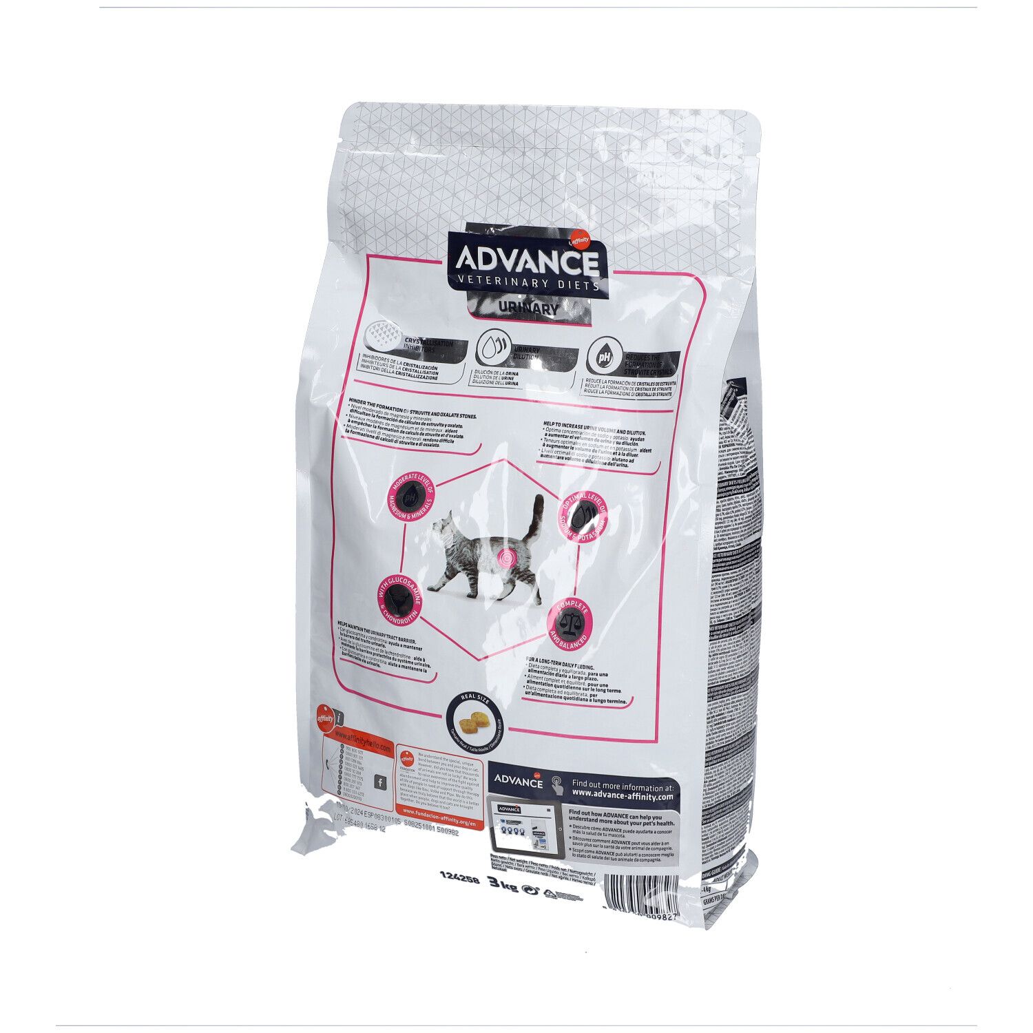 Dos du sac ADVANCE Veterinary Diets Urinary Chat. Texte, illustrations, logo. 3kg.