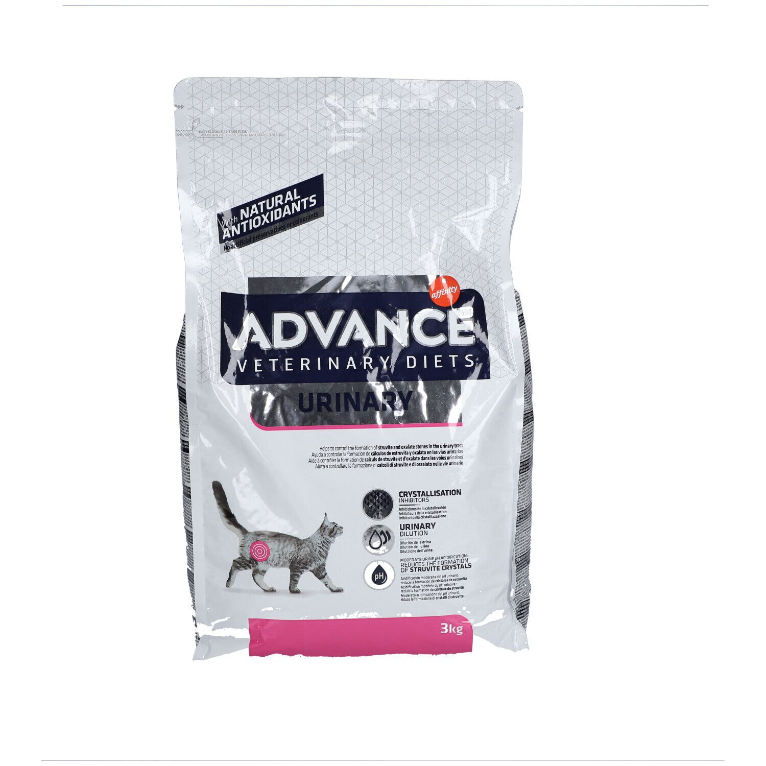Sac ADVANCE Veterinary Diets Urinary Chat. Texte, logo, chat. 3kg. Antioxydants naturels.