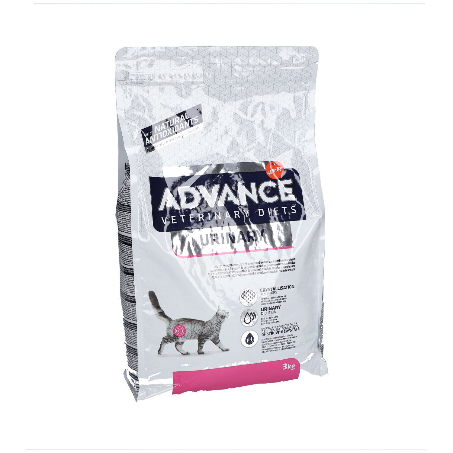 Sac ADVANCE Veterinary Diets Urinary Chat. Texte, logo, chat. 3kg. Antioxydants naturels.