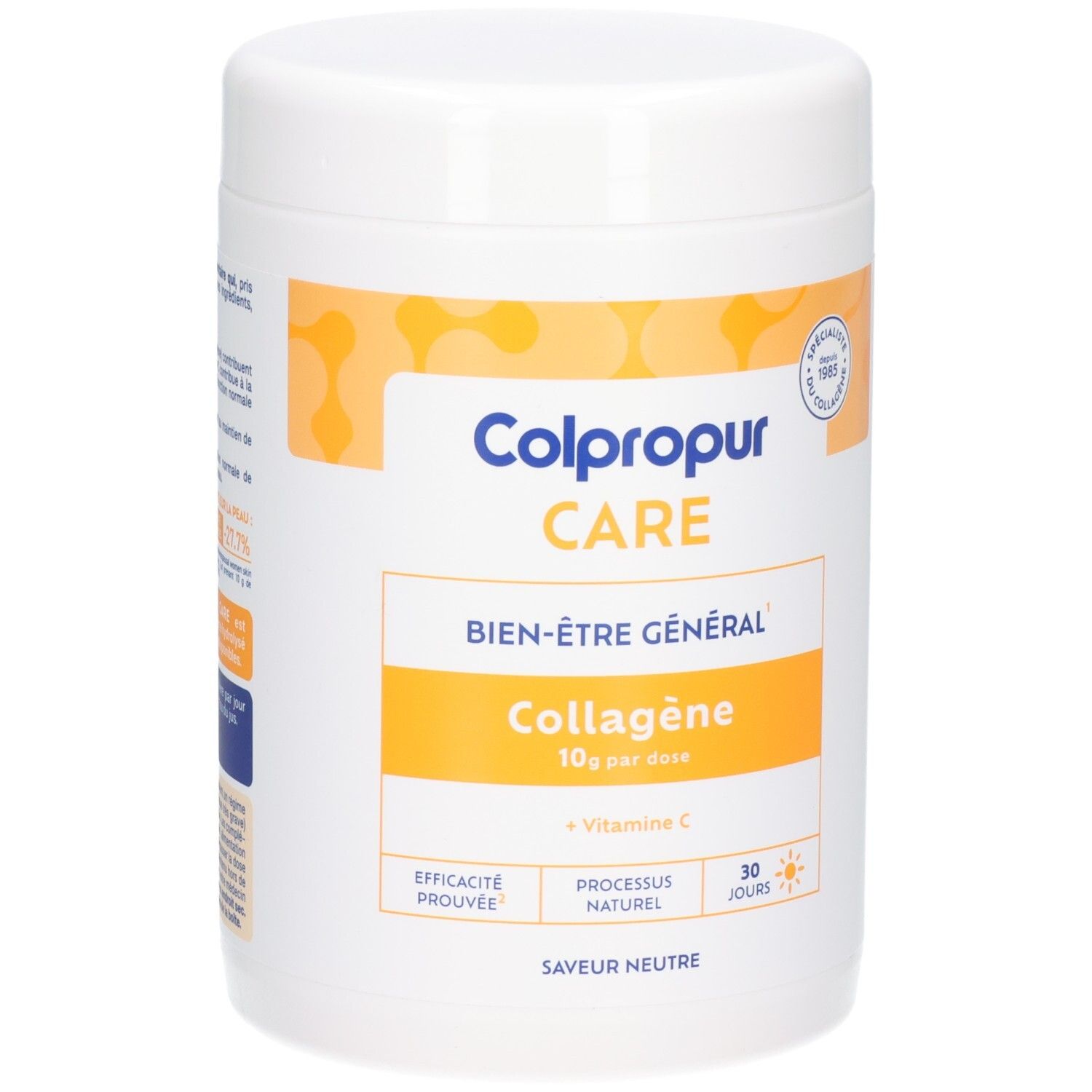 Pot de poudre Colpropur Care Collagène, dos avec informations détaillées et instructions d'utilisation.